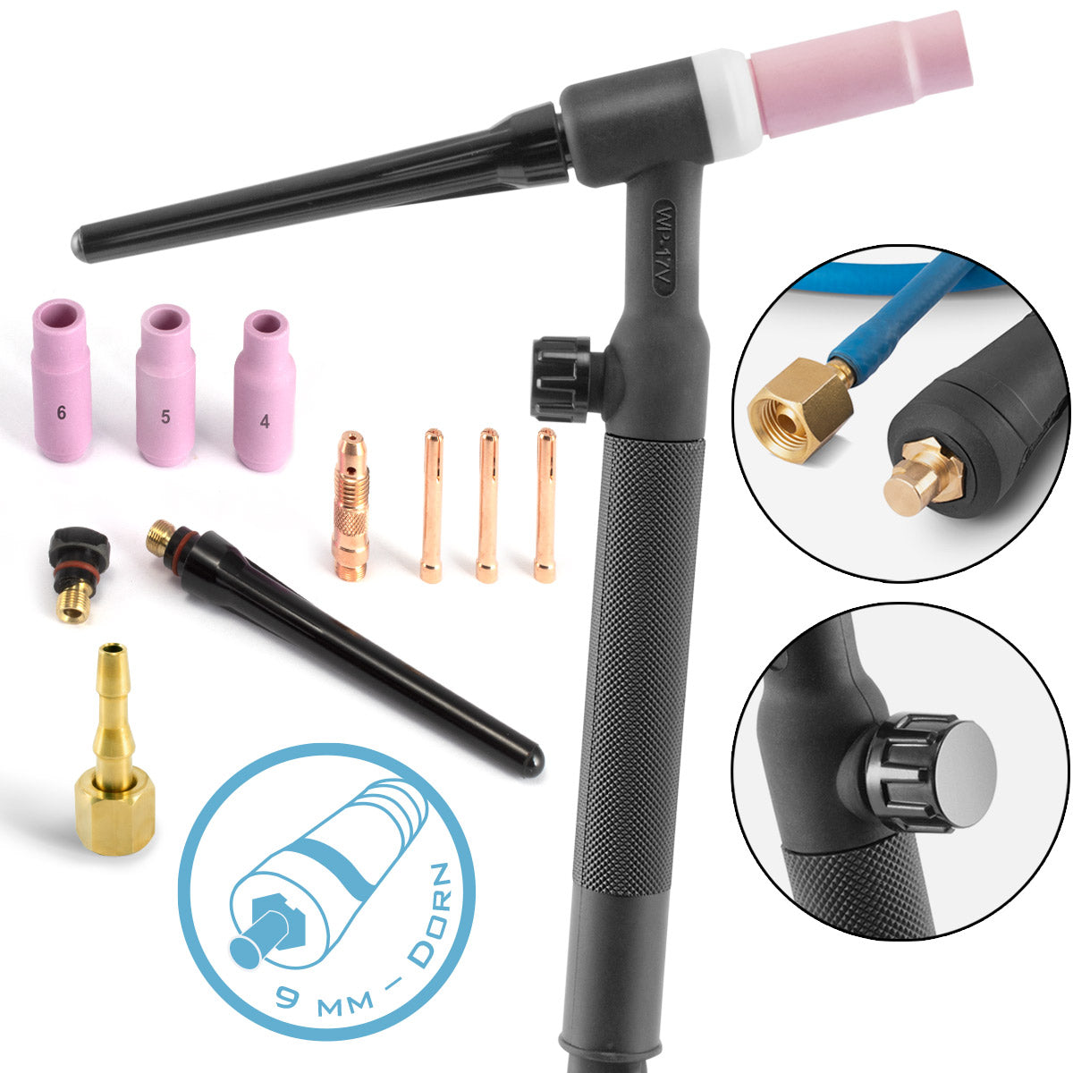 Antorcha / antorcha de soldadura Tig de elevación universal STAHLWERK WP-17V con paquete de manguera de 4 metros y mandril de 9 mm para soldadora TIG / ARC