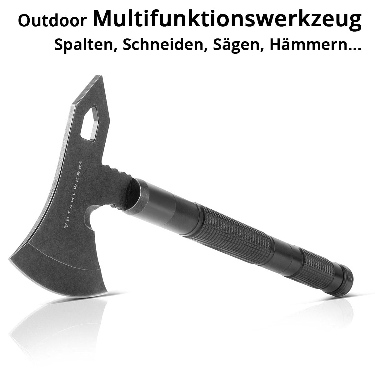 Multiutensile STAHLWERK / strumento multifunzione / kit di sopravvivenza all'aperto con ascia, coltello multifunzione, sega, martello di emergenza e fischietto con acciaio antincendio