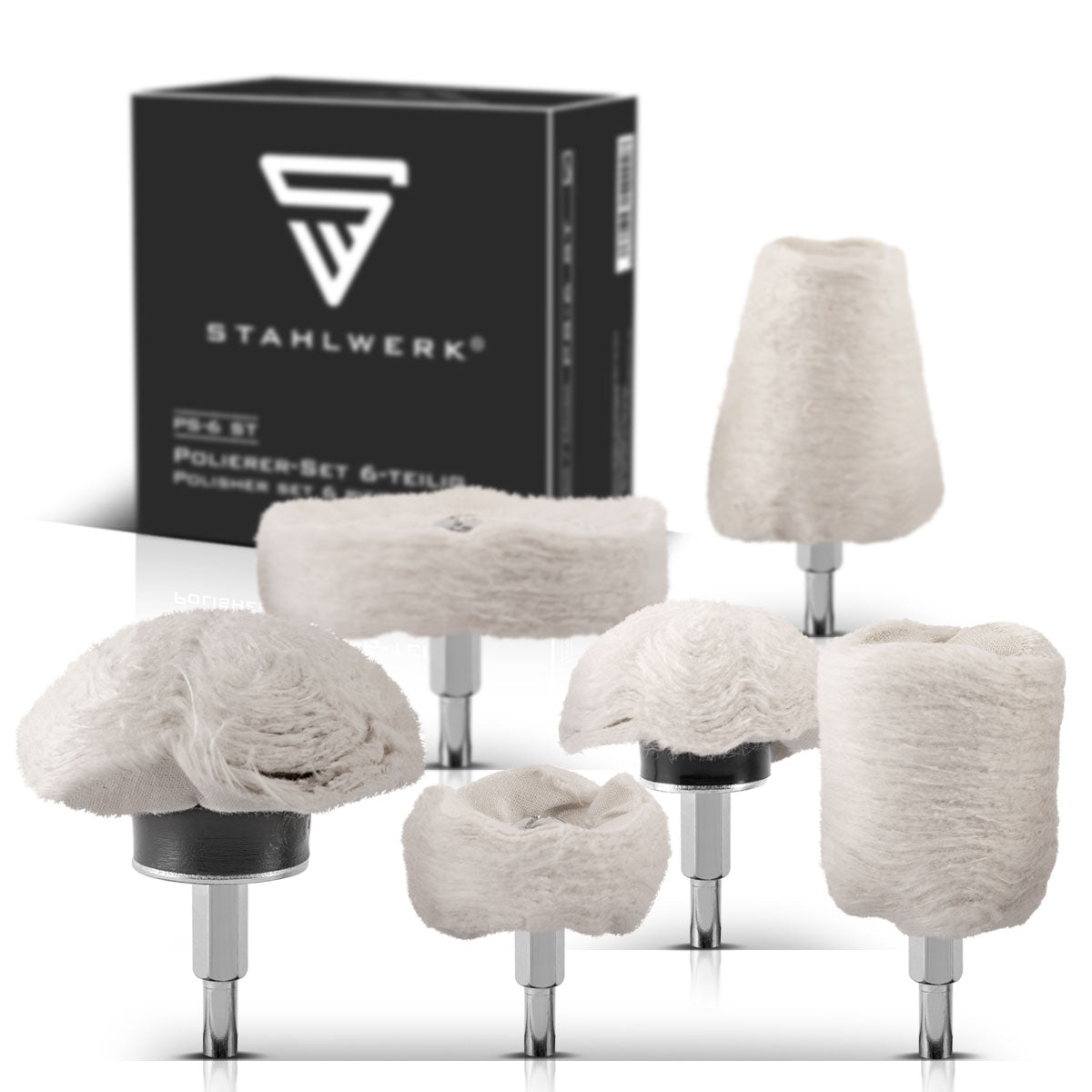 STAHLWERK set of 6 universal polishing heads PS-6 ST for cordless and electric drills made of high-quality flannel for polishing work on metal, stone, wood, glass and plastic