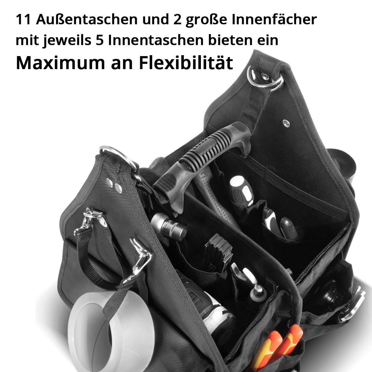 STAHLWERK tool bag with 11 outer pockets and 2 large inner compartments, each with 5 inner pockets, robust assembly bag / tool case / tool bag with carrying handle and shoulder strap made of durable polyester fabric