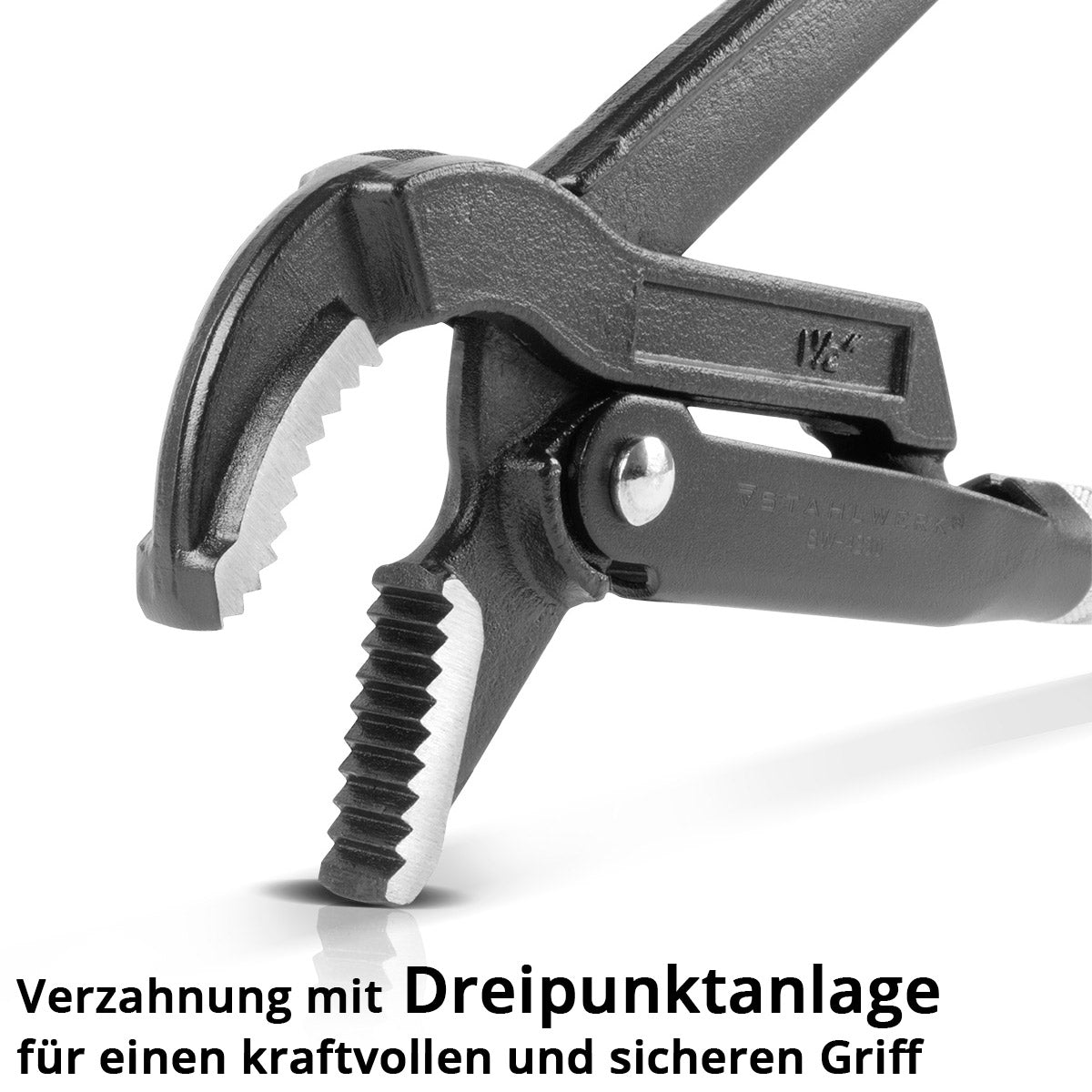 STAHLWERK Rohrzange 1,5" Zoll (38 mm) S/45° Chrom-Vanadium 420 mm pulverbeschichtete 4in1 Wasserpumpenzange mit 60 mm Klemmweite, gehärteten Backen, geschwungenem Verlauf und versetzter Verzahnung