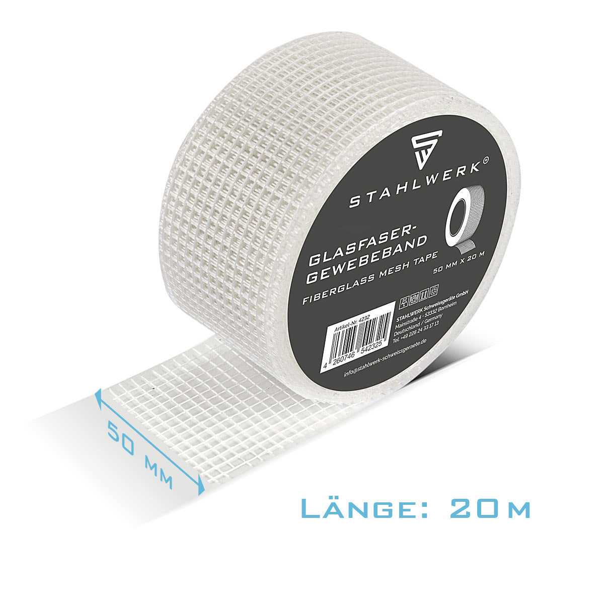 STAHLWERK Glasfaser-Gewebeband 20 m x 50 mm, selbstklebendes Trockenbau Fugenband / Fugendeckstreifen / Bewehrungsstreifen mit Gitternetzstruktur für Spachtelarbeiten