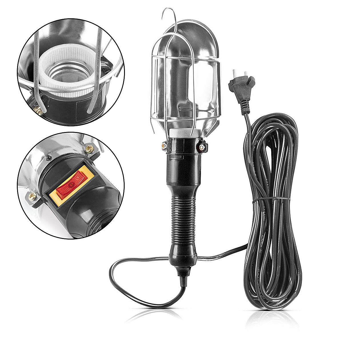STAHLWERK work light with E27 socket up to max. 60 W workshop light with 10 m cable, hanging hook and rubberized handle, construction light | Work lamp | Hand lamp for repairs and renovation work
