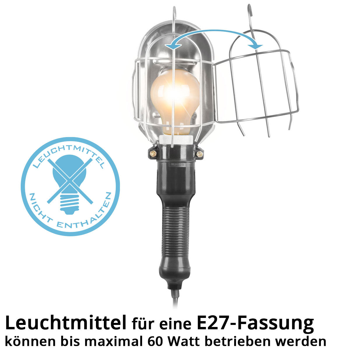 STAHLWERK work light with E27 socket up to max. 60 W workshop light with 10 m cable, hanging hook and rubberized handle, construction light | Work lamp | Hand lamp for repairs and renovation work