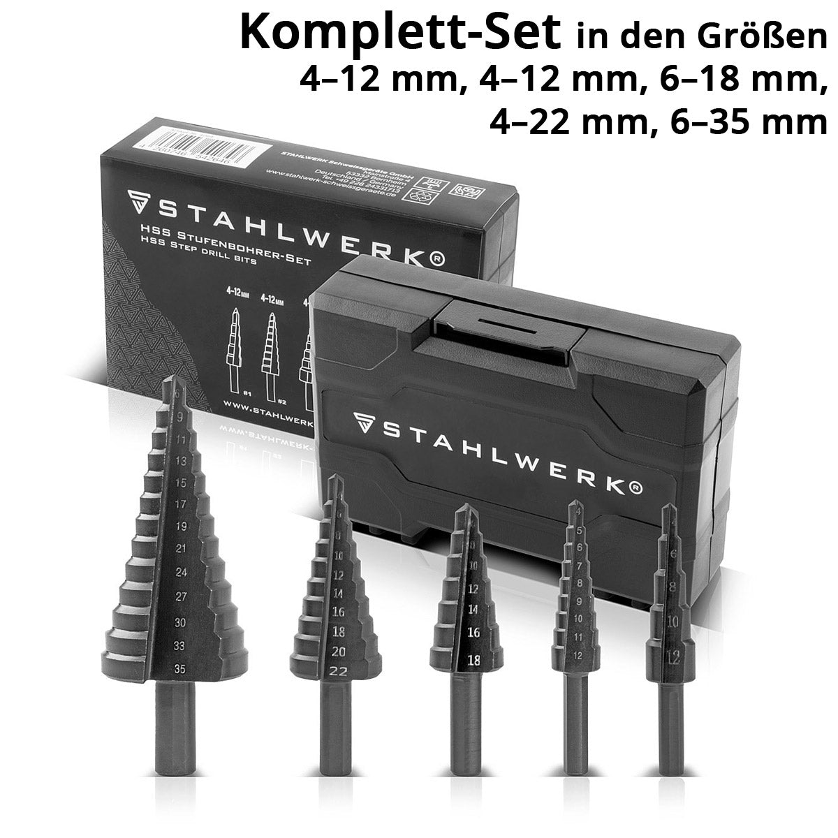 STAHLWERK HSS step drill / cone drill set 5 pieces with TiAlN coating, countersunk drill / metal drill for precise drilling of alloyed and non-alloyed steels including plastic storage box