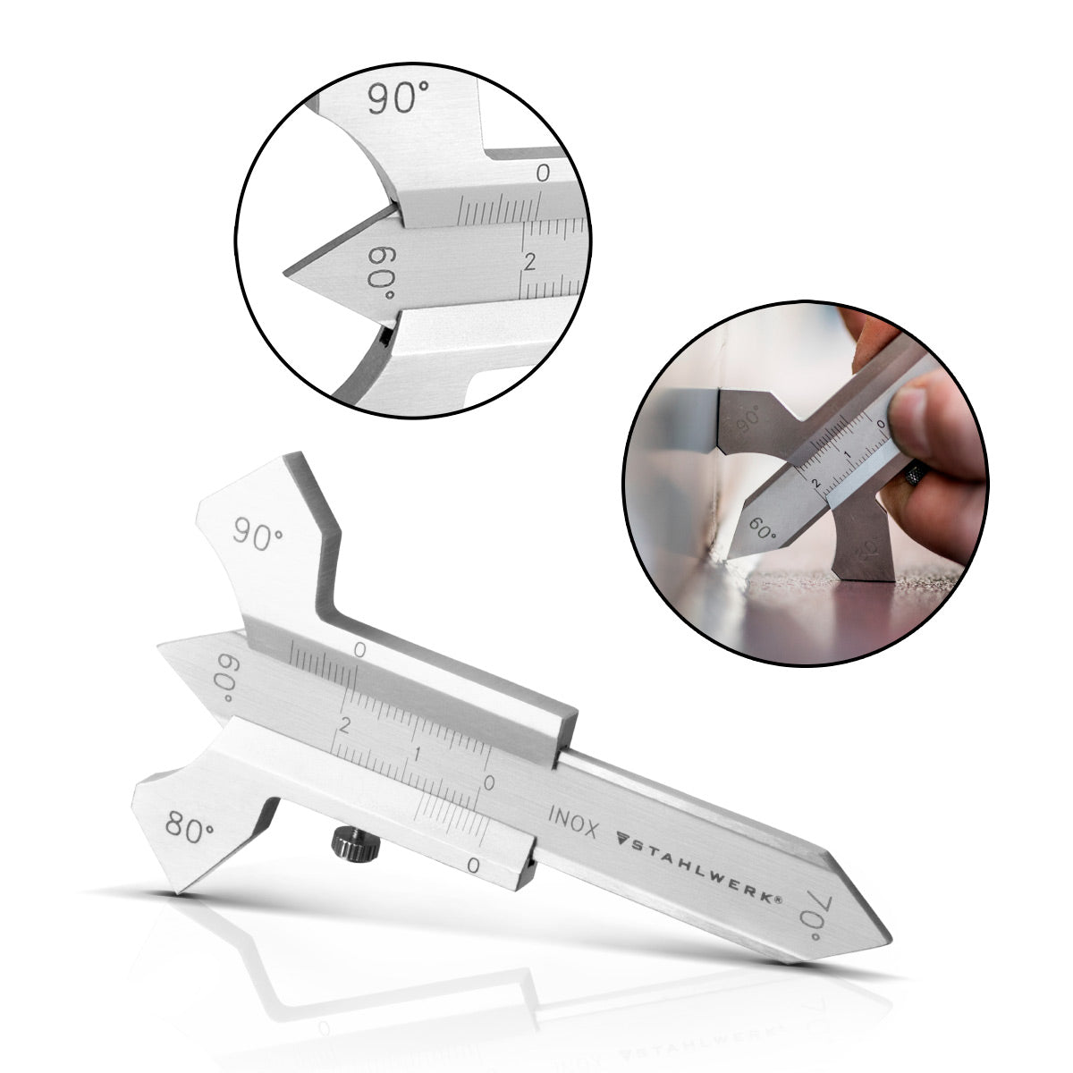 Jauge de cordon de soudure STAHLWERK Jauge de mesure 0-20 mm pour cordons de soudure avec curseur en acier inoxydable trempé dans un étui en cuir synthétique