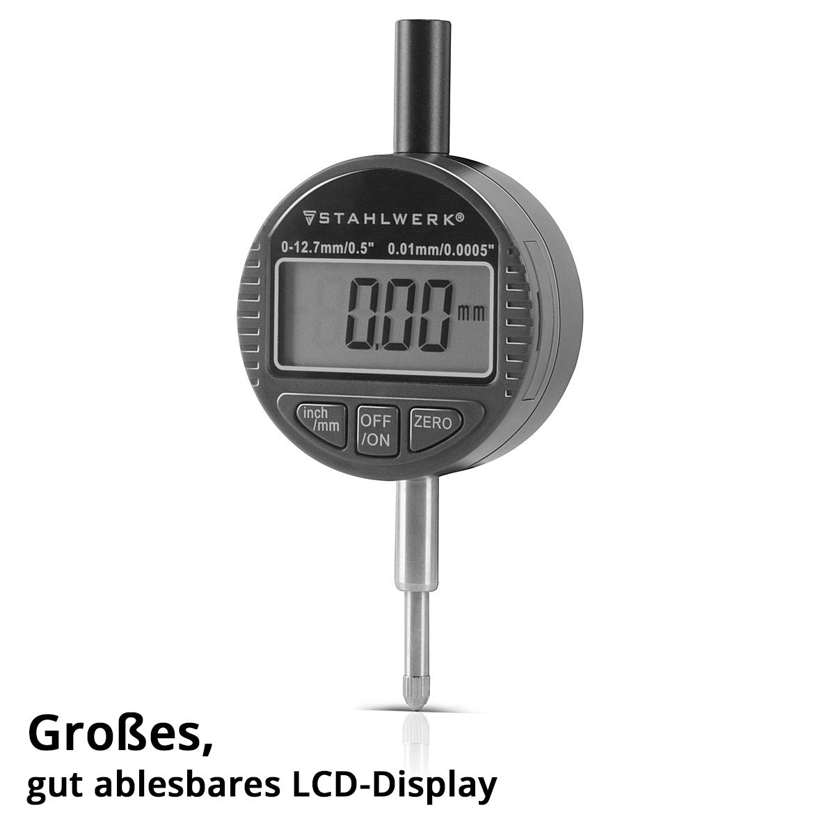 STAHLWERK digital dial indicator with 0-12.7 mm (0.5") measuring range, measuring probe for precision measurements in millimeters and inches