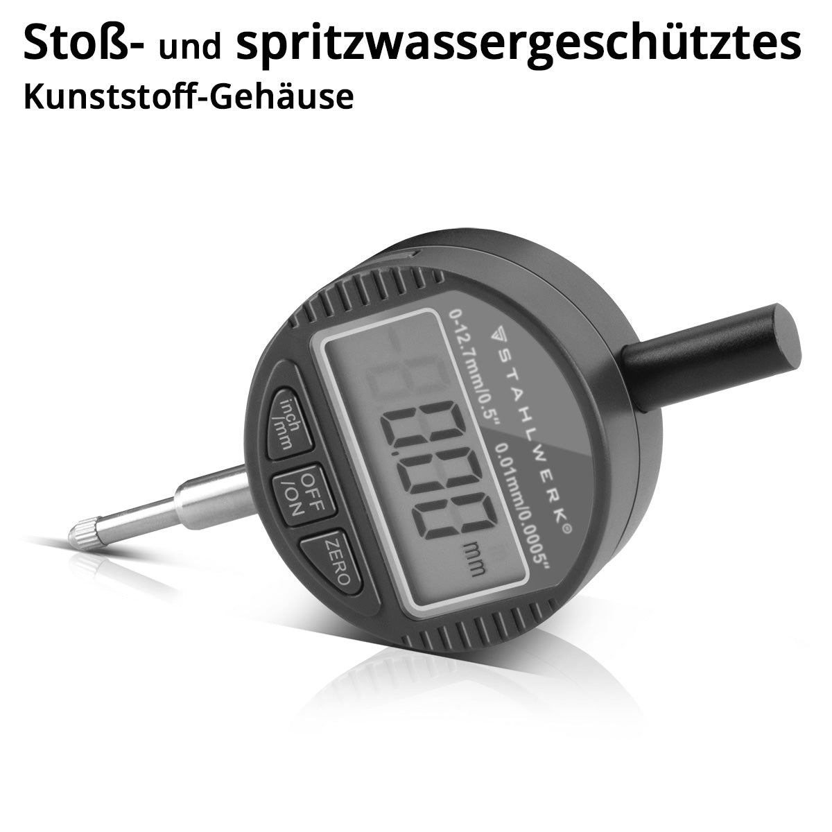 STAHLWERK digital dial indicator with 0-12.7 mm (0.5") measuring range, measuring probe for precision measurements in millimeters and inches