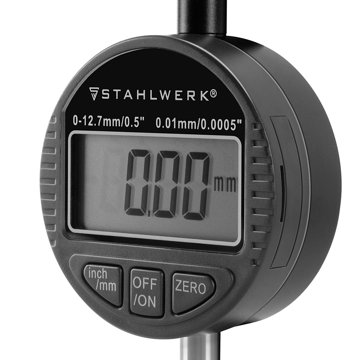 STAHLWERK digital dial indicator with 0-12.7 mm (0.5") measuring range, measuring probe for precision measurements in millimeters and inches