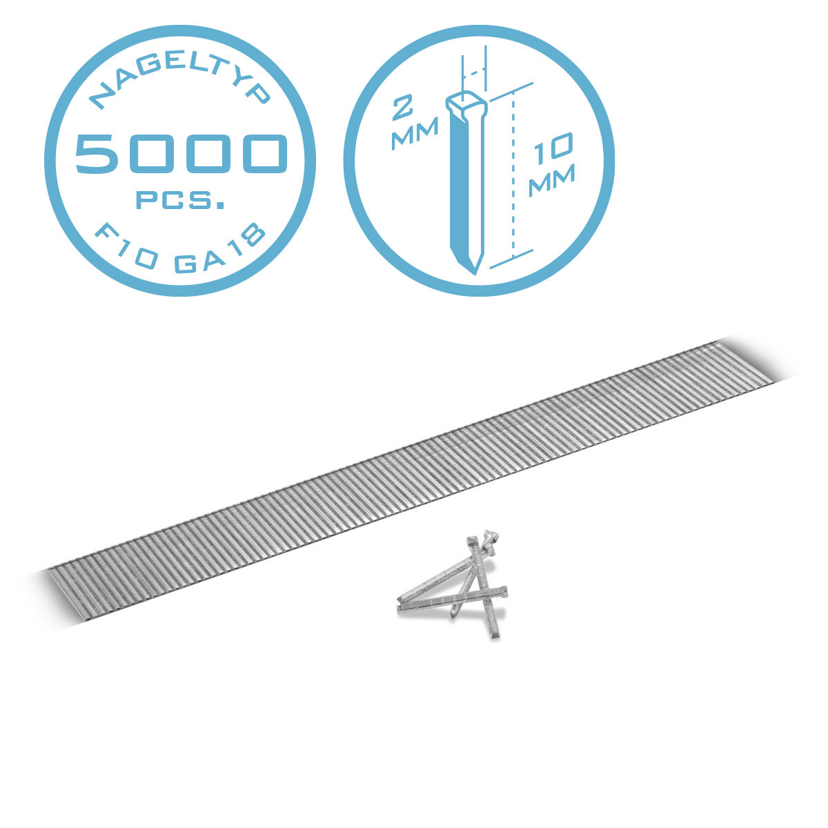 Clavos de aire comprimido STAHLWERK de 10 mm, calibre 18 (1,25 x 1,05 mm) con cabeza de 2 mm de ancho en un juego de 5000 clavos en tiras | Clavos grapadores | Clavos de aire comprimido para clavadoras, pistolas de clavos y grapadoras de 10 mm calibre 18