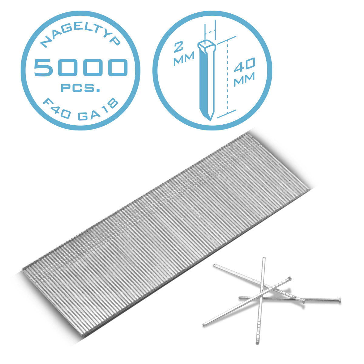 Clavos neumáticos STAHLWERK de 40 mm, calibre 18 (1,25 x 1,05 mm) con cabeza de 2 mm de ancho en un juego de 5000 clavos en tiras | Clavos grapadores | Clavijas de aire comprimido para clavadoras, pistolas de clavos y grapadoras.