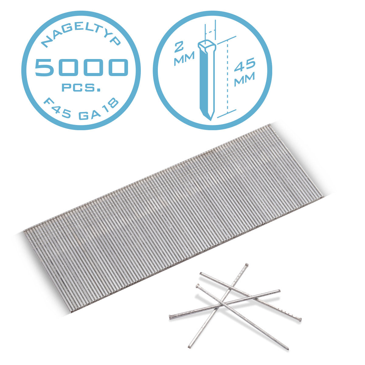 STAHLWERK Druckluft Nägel 45 mm Gauge 18 (1,25 x 1,05 mm) mit 2 mm Kopfbreite im 5000er Set Streifennägel | Tackernägel | Druckluft Stifte für Nagler, Nagelpistolen und Tacker