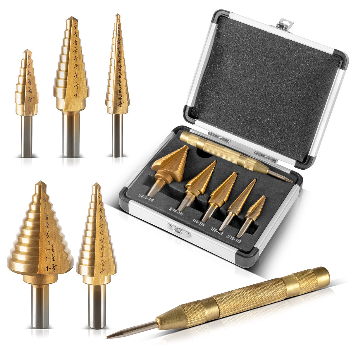 STAHLWERK HSS step drill / cone drill set 6 parts with TiN coating, countersunk drill / metal drill for precise drilling of alloyed and non-alloyed steels including automatic center punch and aluminum case