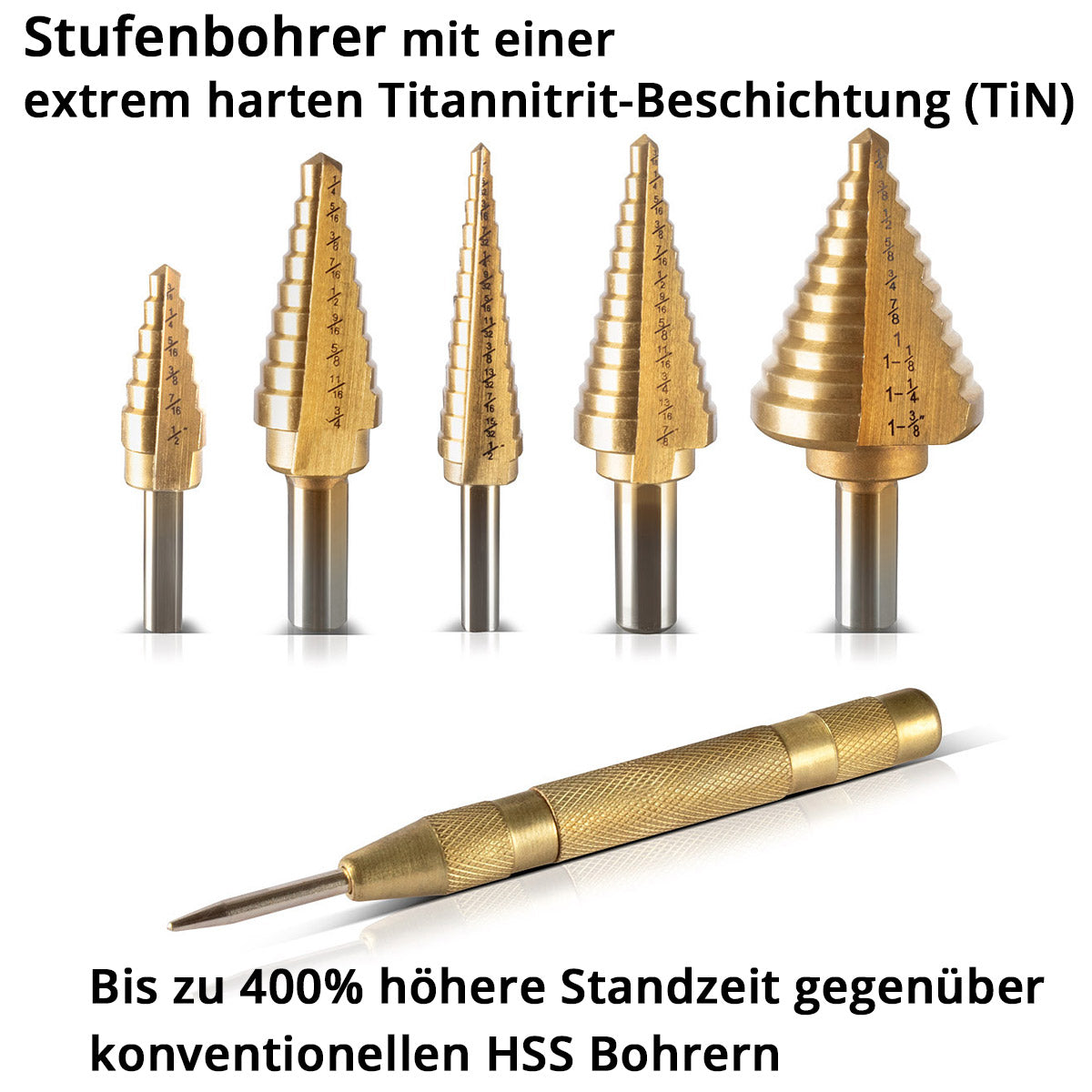 STAHLWERK HSS step drill / cone drill set 6 parts with TiN coating, countersunk drill / metal drill for precise drilling of alloyed and non-alloyed steels including automatic center punch and aluminum case