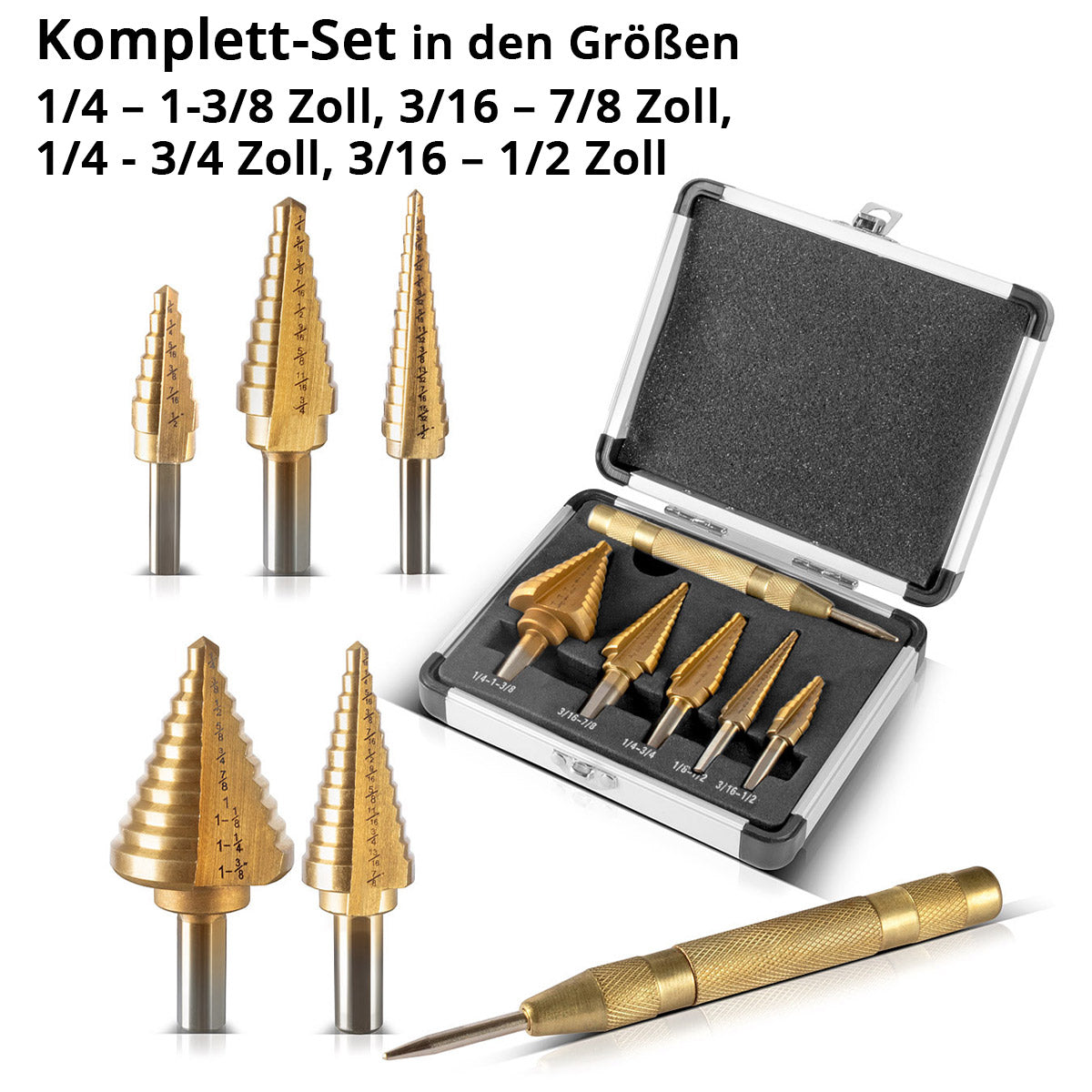 STAHLWERK HSS step drill / cone drill set 6 parts with TiN coating, countersunk drill / metal drill for precise drilling of alloyed and non-alloyed steels including automatic center punch and aluminum case