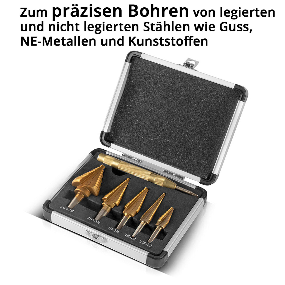 STAHLWERK HSS step drill / cone drill set 6 parts with TiN coating, countersunk drill / metal drill for precise drilling of alloyed and non-alloyed steels including automatic center punch and aluminum case