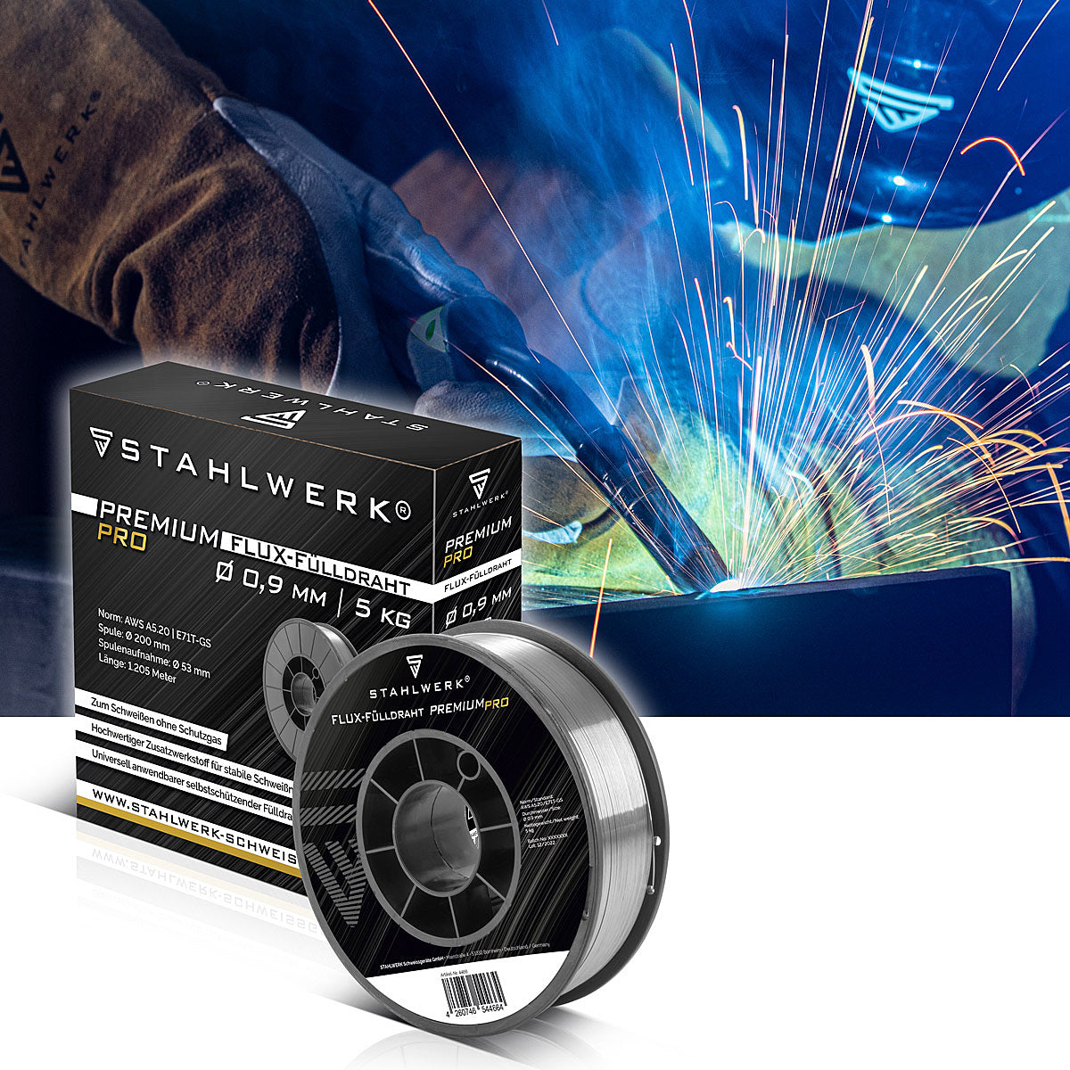 STAHLWERK MIG MAG Premium Schweißdraht - Fülldraht E71T-GS Ø 0,9 mm S200/ D200 Drahtrolle mit 2 kg / Flux-Fülldraht