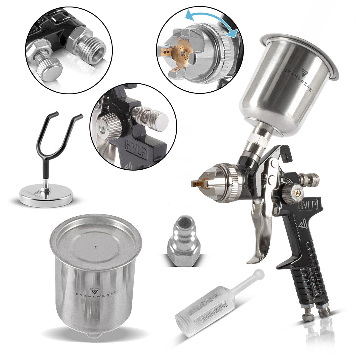 Pistola de pintar STAHLWERK HVLP SG-600 ST con boquilla de 1,4 mm y vaso de 600 ml, soporte para pistola de pintar, pistola pulverizadora profesional/pistola pulverizadora/pistola pulverizadora