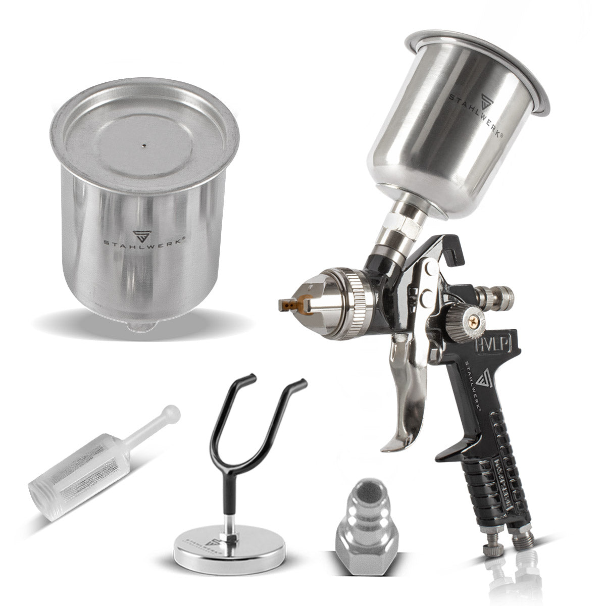 Pistola de pintar STAHLWERK HVLP SG-600 ST con boquilla de 1,4 mm y vaso de 600 ml, soporte para pistola de pintar, pistola pulverizadora profesional/pistola pulverizadora/pistola pulverizadora