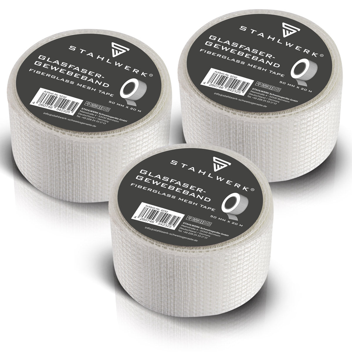 STAHLWERK Glasfaser-Gewebeband 3er Set 20 m x 50 mm, selbstklebendes Trockenbau Fugenband / Fugendeckstreifen / Bewehrungsstreifen mit Gitternetzstruktur für Spachtelarbeiten