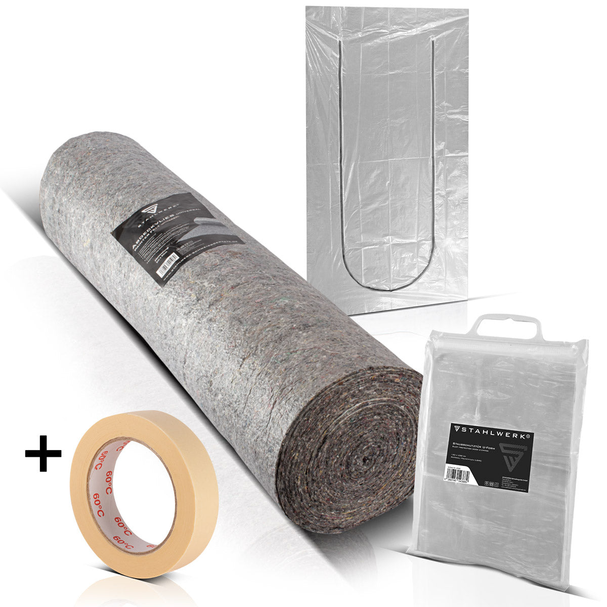 STAHLWERK Malervlies und Staubschutztür Set | Universal-Abdeckvlies | Malervlies mit rutschhemmender Oberfläche, 50 m 220 g Staubschutztür U-Form Staubtür / Schmutzschleuse mit integriertem Reißverschluss, inklusive Kreppband