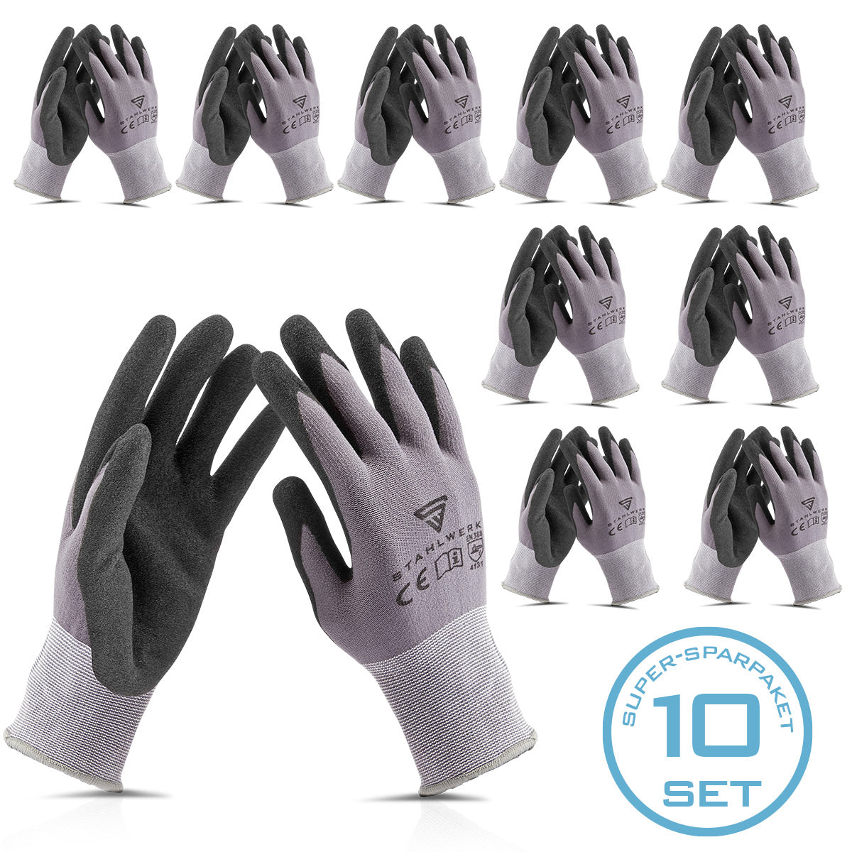 Guantes de trabajo y montaje STAHLWERK talla L paquete de 10 / ropa de protección / robustos y resistentes de caucho nitrilo