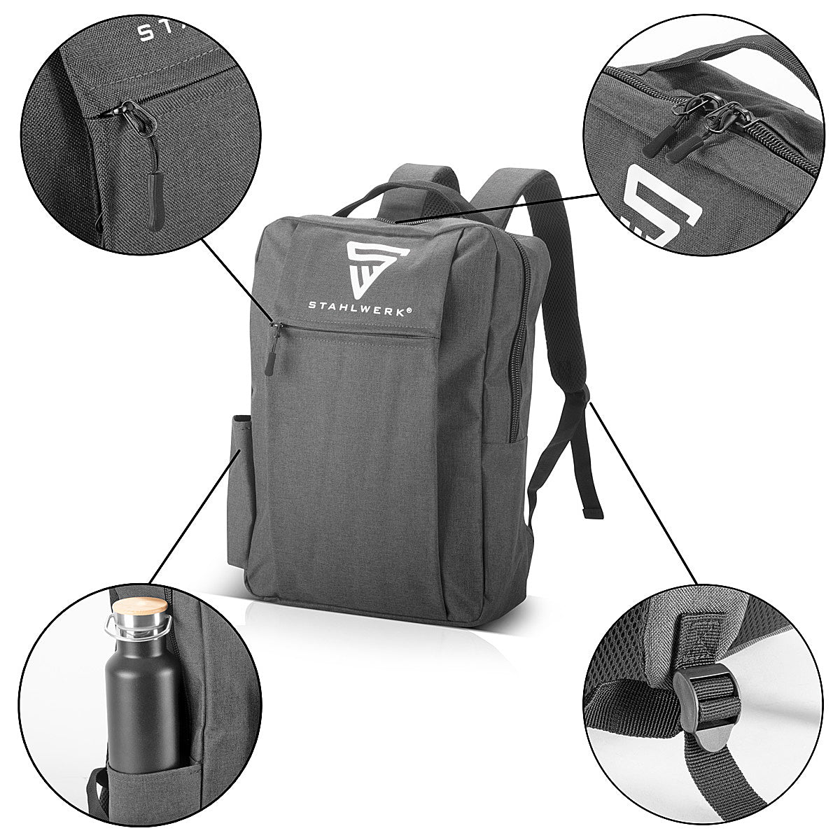 STAHLWERK Multifunctional laptop backpack | Notebook backpack | Backpack made of robust polyester, work backpack with padded 15.6" laptop compartment and many storage compartments