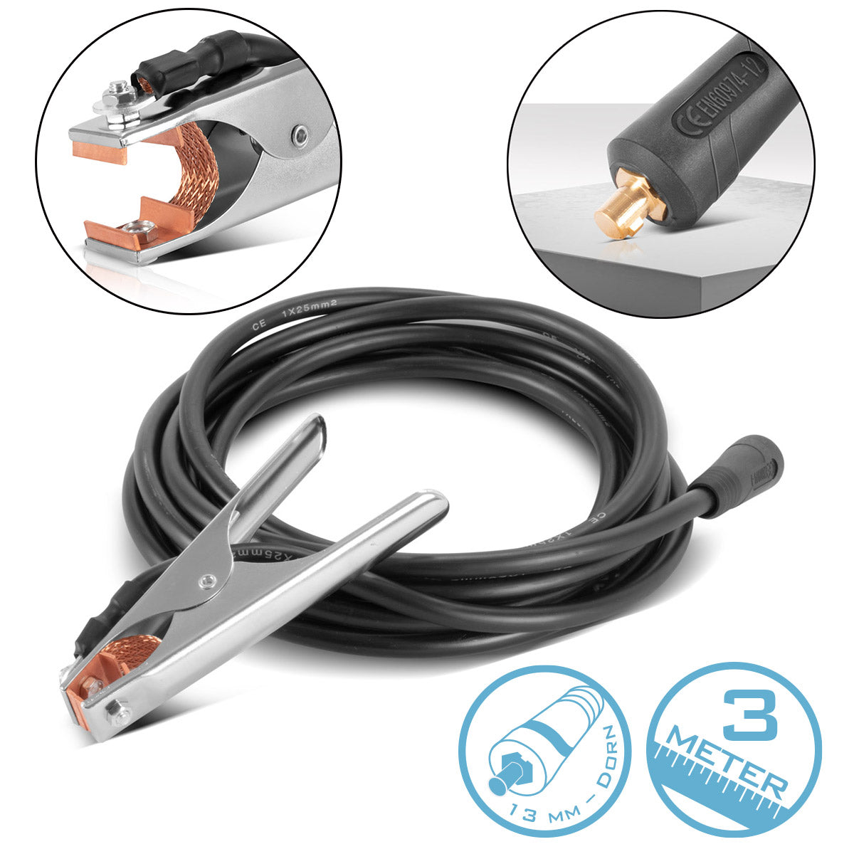 Pinza de tierra STAHLWERK hasta 300 A pinza de tierra | Pinza de puesta a tierra que incluye cable de soldadura de 3 m | Cable de tierra con conector de 25 mm² y 13 mm