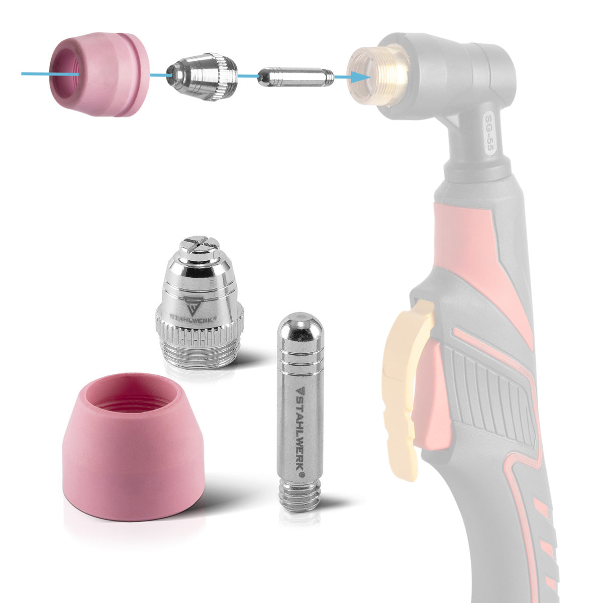 STAHLWERK AG-60 Plasmazubehör Set 50-teilig, Verschleißteile Plasmadüsen + Elektroden + Keramikkappen für AG-60 / SG-55 CUT Plasmaschneider-Brenner