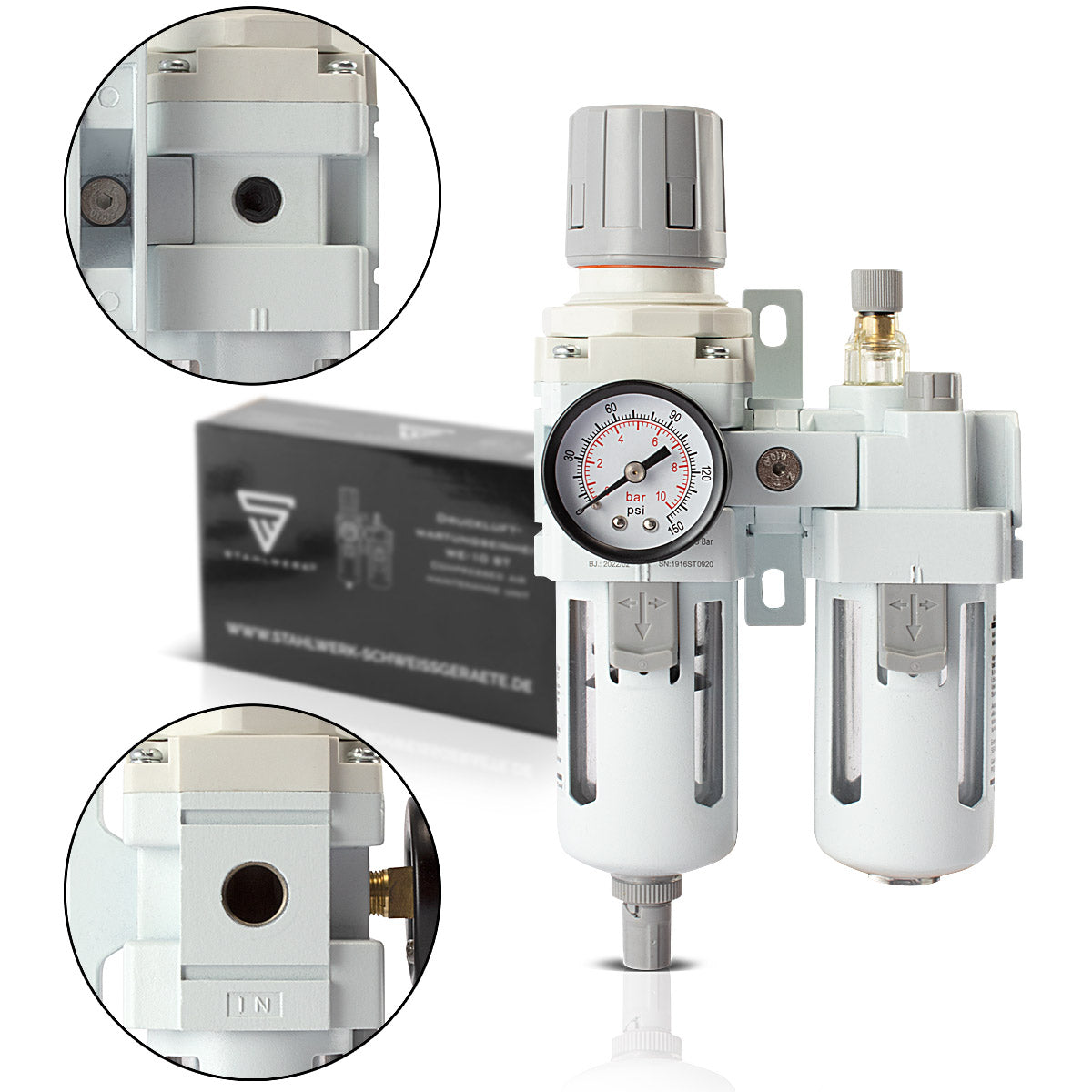 Unidad de mantenimiento de aire comprimido STAHLWERK WE-10 ST con engrasador hasta 10,5 bar para compresores de aire comprimido