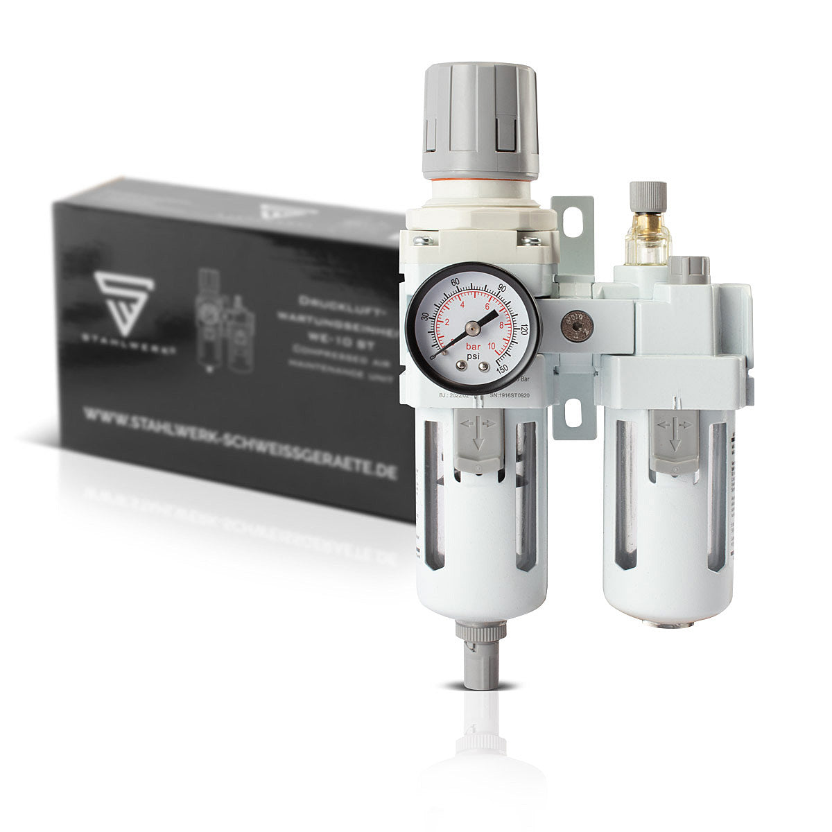 Unidad de mantenimiento de aire comprimido STAHLWERK WE-10 ST con engrasador hasta 10,5 bar para compresores de aire comprimido