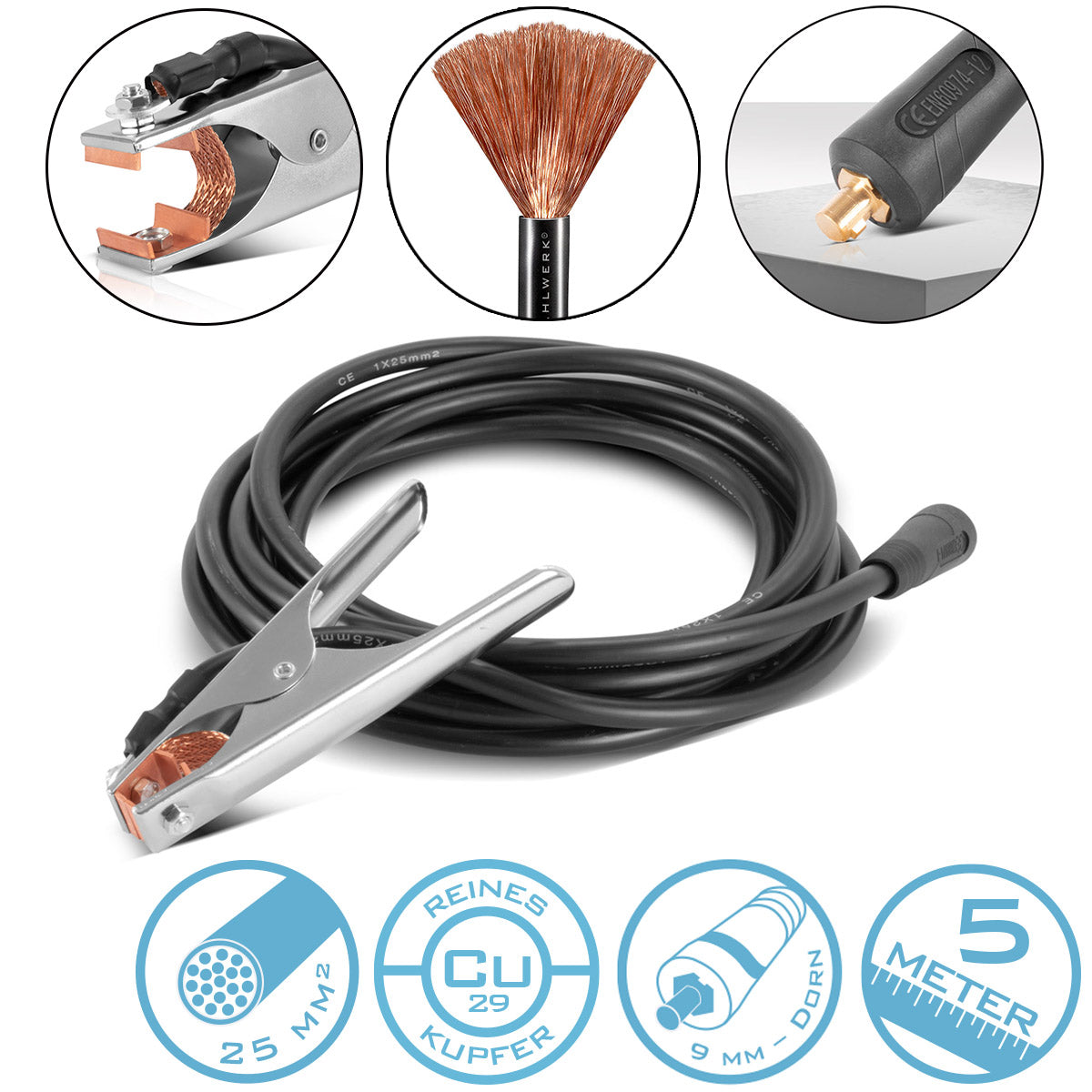 STAHLWERK ground clamp up to 300 A ground clamp | Earth clamp including 5 m welding cable | Pure copper ground cable with 25 mm² and 9 mm plug