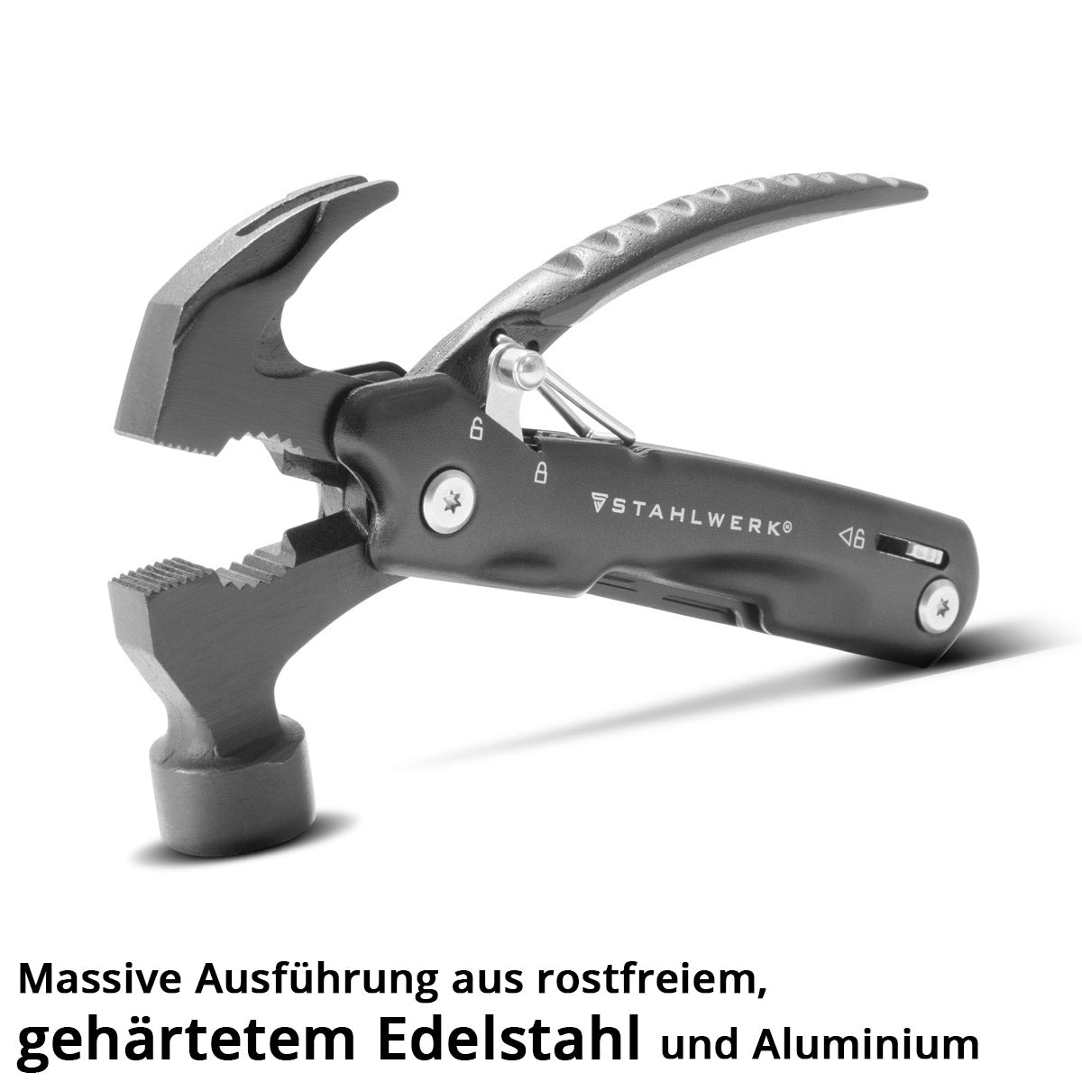 STAHLWERK multitool with 12 tools, high-quality pocket knife / folding knife / multifunctional tool with hammer, knife, saw, file, combination pliers, screwdriver etc. including LED flashlight