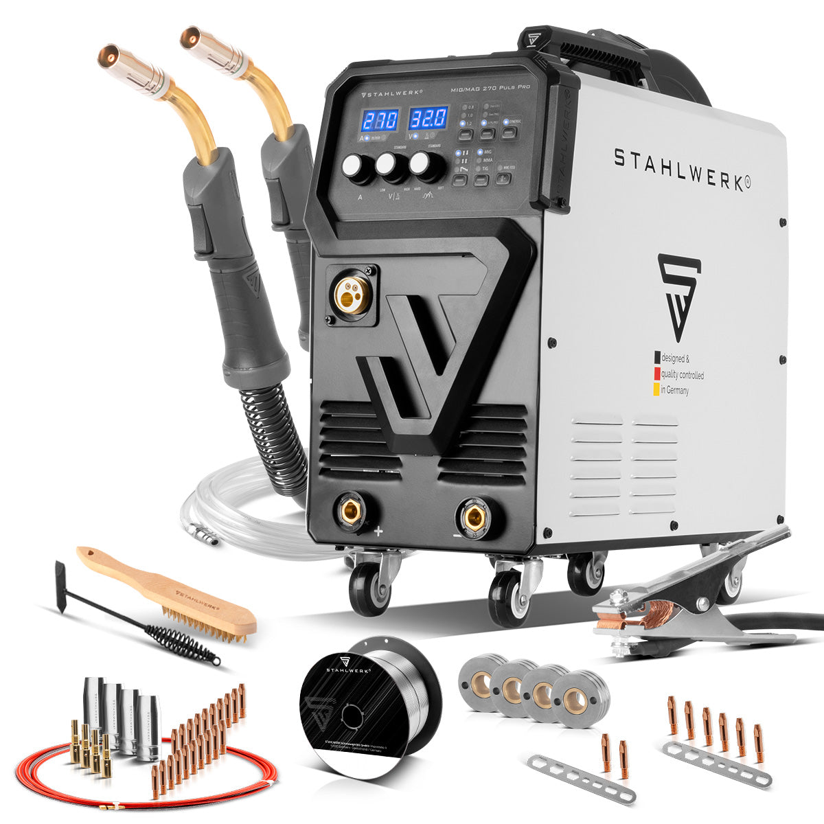 STAHLWERK Schweißgerät MIG 270 Puls Pro | 4-in-1 Schutzgas-Schweißgerät mit Pulsfunktion, AK25/MB25 Alu-Schweißbrenner und Verschleißteile-Set für Aluminium-Schweißen | Inverter mit 270 A, Spot-Funktion, synergischem Drahtvorschub, 4-Rollen-Antrieb