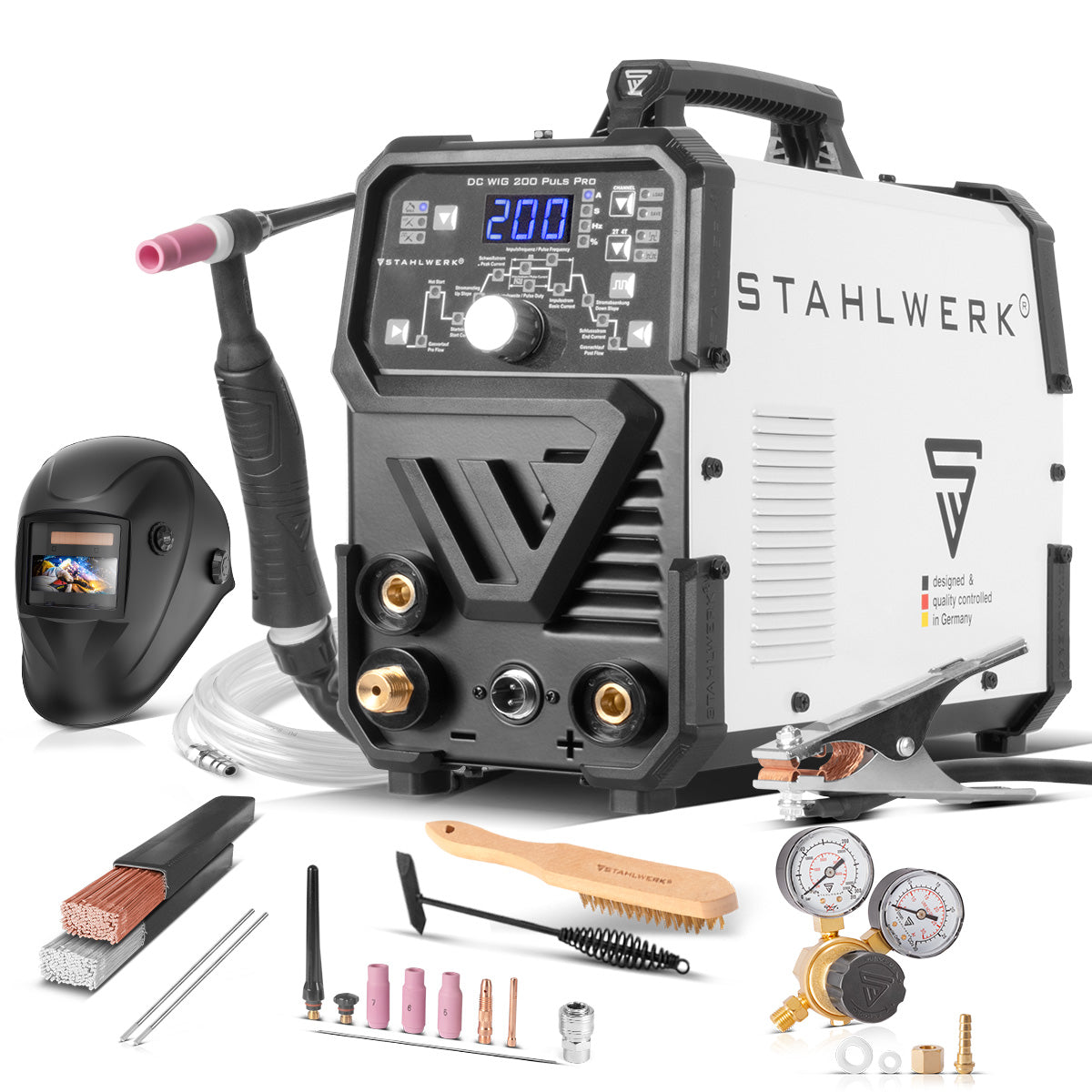 STAHLWERK DC TIG 200 Puls Pro fully equipped - digital professional TIG welding machine with MMA electric hand and pulse function, suitable for thin sheet metal
