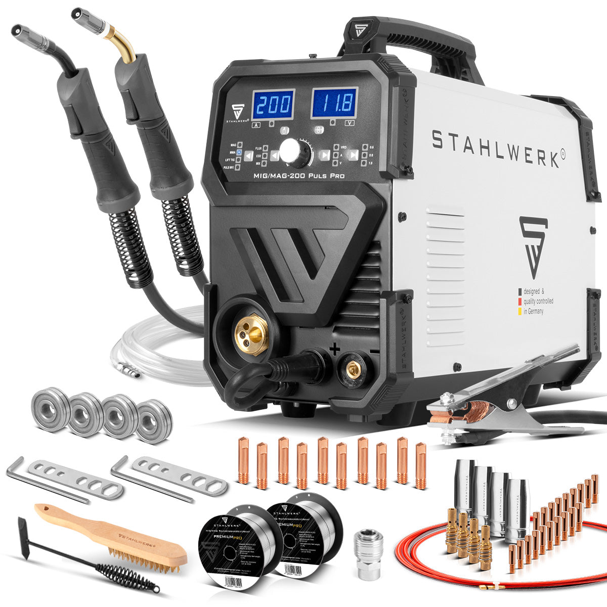 Saldatrice a gas inerte STAHLWERK MIG MAG 200 Puls Pro Dispositivo combinato 5 in 1 completamente sinergico con 200 A reali inclusa torcia per saldatura di alluminio AK25/MB25, set di parti soggette ad usura per la saldatura dell'alluminio