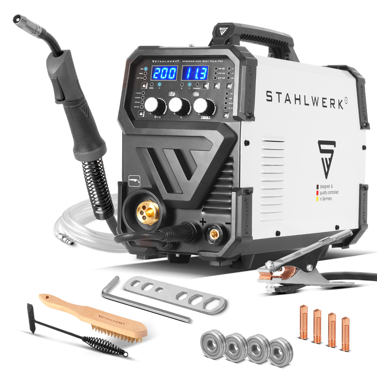 STAHLWERK Schweißgerät MIG MAG 200 Spot Puls Pro, Vollsynergischer IGBT Inverter, 5 in 1 Kombigerät mit Spotfunktion und 200 Ampere, Alu | Fülldraht | MIG MAG | ARC MMA | Lift TIG | Puls