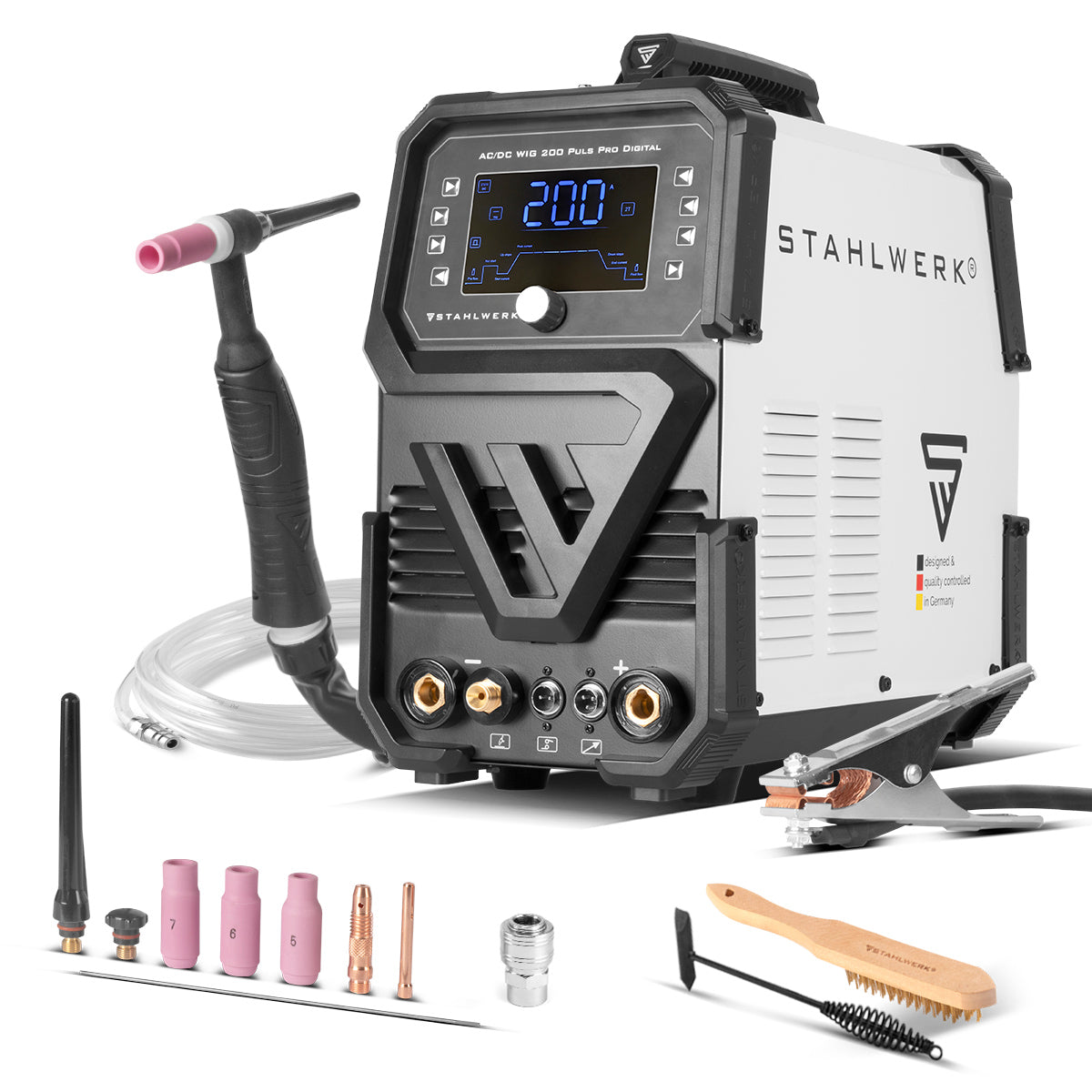 STAHLWERK inert gas welding machine AC/DC TIG 200 Puls Pro Digital | IGBT inverter with 200 amps, ARC/MMA function, job memory, pulse and spot function, suitable for aluminum and thin sheet metal