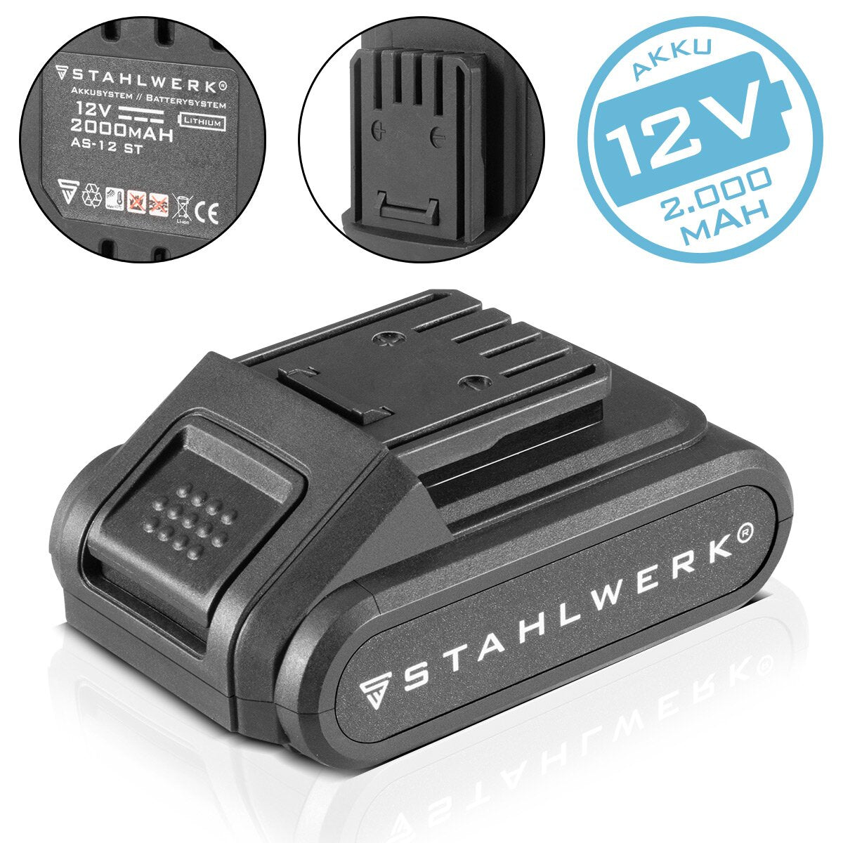 STAHLWERK 12 V Akku 2Ah AS-12 ST Li-Ion Ersatzakku | Werkzeuge | Akkuschrauber | Akkubohrer | Akkuwinkelschleifer | Kapazität 2000 mAh
