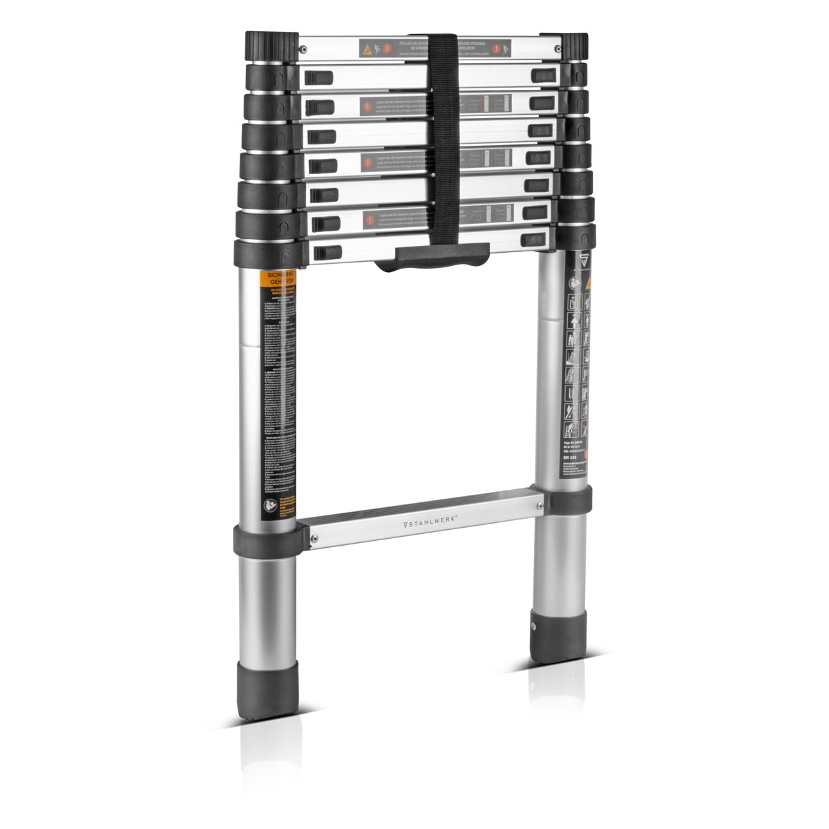 STAHLWERK telescopic ladder TL-260 ST with 150 kg load capacity and 2.60 m maximum length, extendable aluminum ladder | Leaning ladder | Rung ladder with non-slip rungs including 7-year manufacturer's guarantee