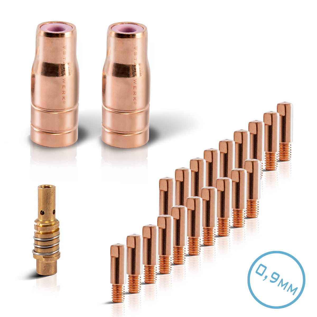 Juego de piezas de desgaste STAHLWERK FLUX AK15/MB15 AK14/MB14 | Juego de accesorios de soldadura originales de 23 piezas con boquillas de hilo tubular | Portaboquillas y boquillas de contacto 0,9 mm
