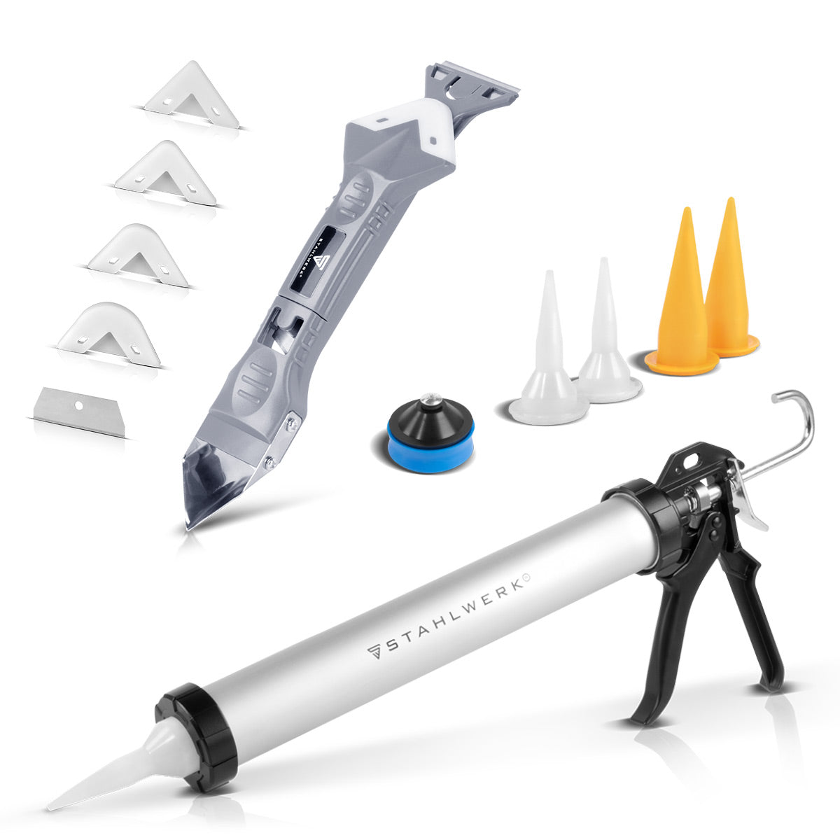 STAHLWERK Pistola de silicona SP-600 ST con espátula de silicona Prensa de cartucho de aluminio de 600 ml | Pistola para calafatear con raspador de silicona | Extractor de juntas | Alisador de articulaciones | removedor de silicona