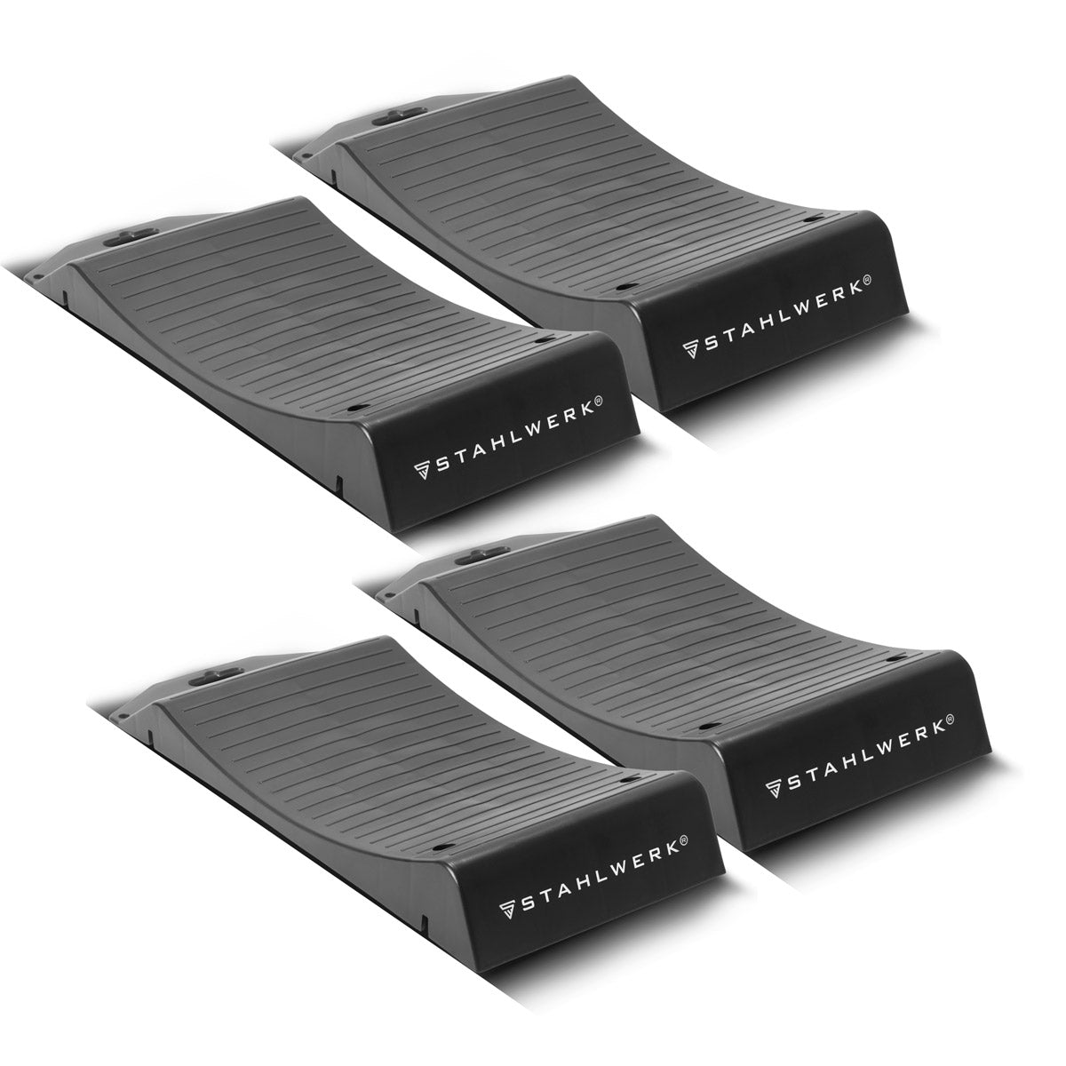 STAHLWERK Reifenschoner Standplatten GT-18 ST 4er Set mit 2,7 t Tragkraft Reifenwiege | Reifenschuhe | Hemmschuh | Unterlegkeil für Pkw, Reisemobil, Campingmobil, Wohnmobil, Caravan oder Wohnwagen