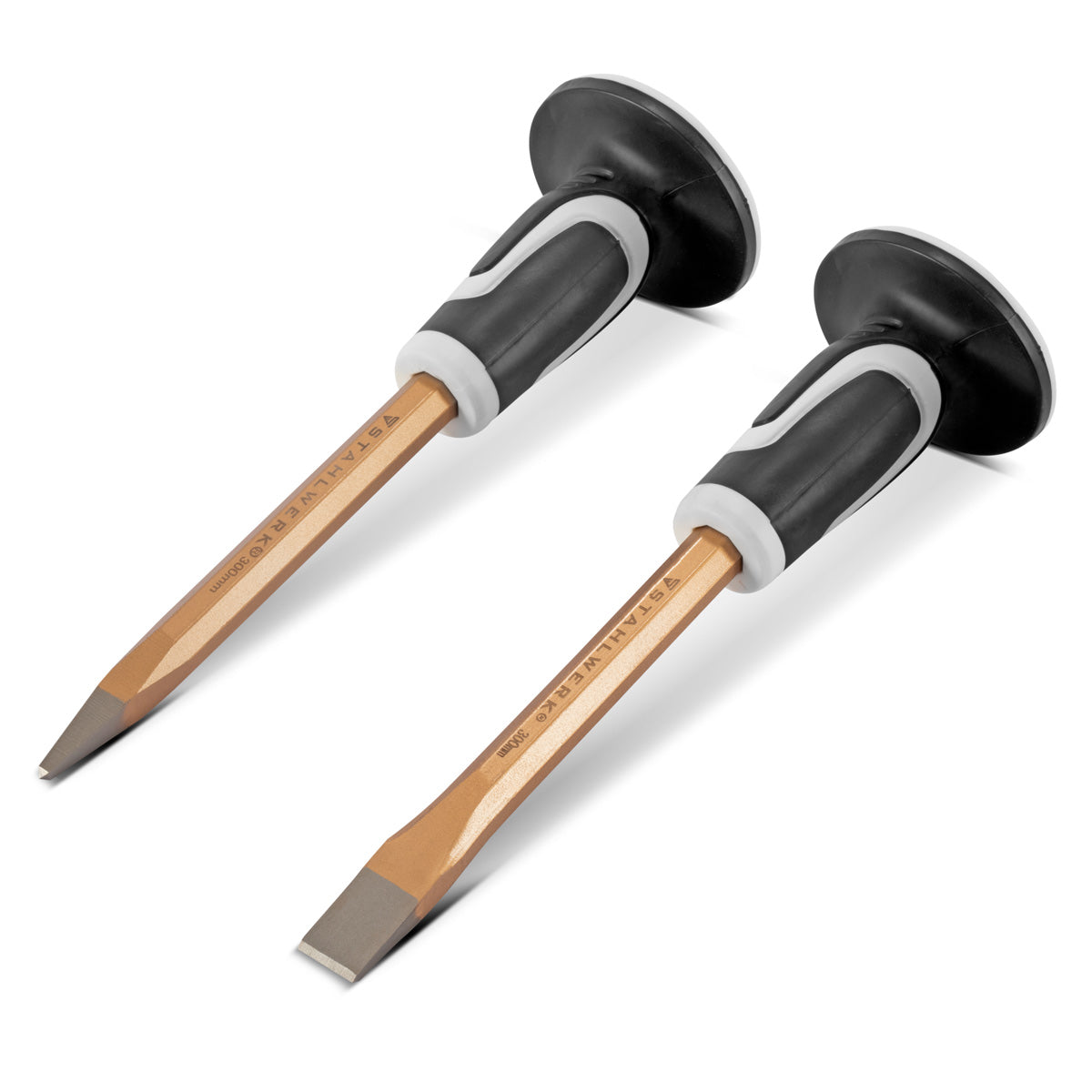 STAHLWERK flat chisel | Pointed chisel set of 2 gold 300 mm hand chisel made of hardened steel for professional chiseling of metal, stone, wood, concrete, tiles and plastics