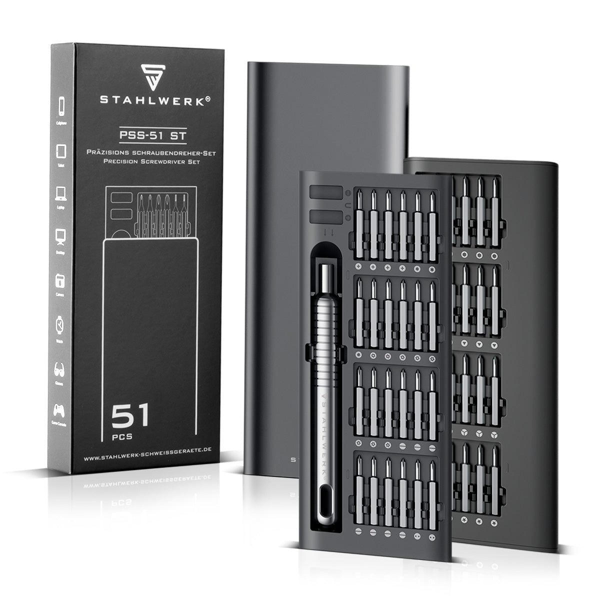 STAHLWERK Präzisions-Schraubendreher Set PSS-51 ST 51-teiliges Feinmechanik Set | Feinwerkzeug | Feinschraubendreher | Feinschraubenzieher mit Chrom-Vanadium-Bit-Set