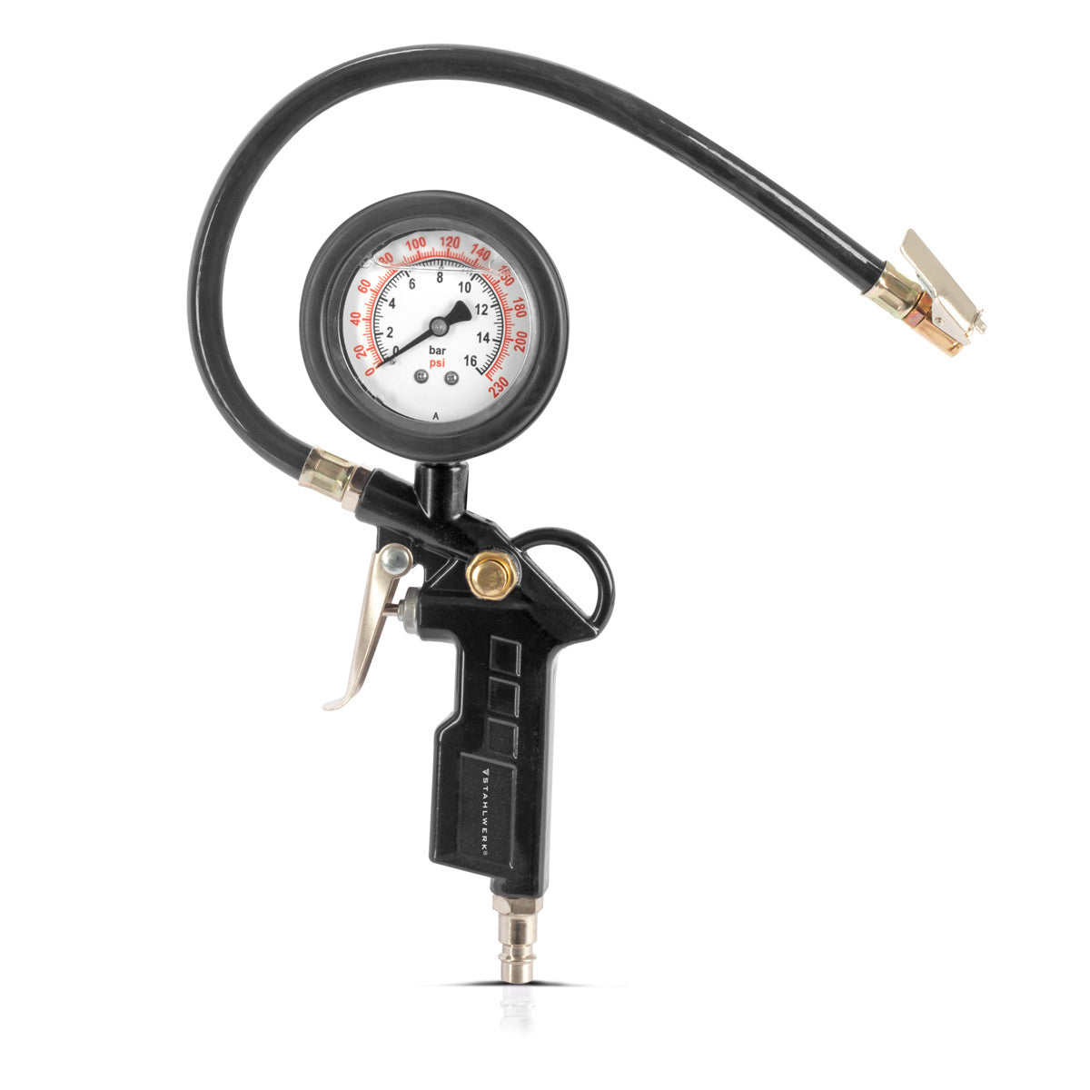 Pistola para inflar neumáticos de aire comprimido STAHLWERK DRA-161 ST | Inflador de neumáticos de aire comprimido con manómetro | Manómetro de neumáticos 2 en 1 para coches, camiones, motos, bicicletas | Rango de medición 0 a 16 bar/ 0 a 230 PSI