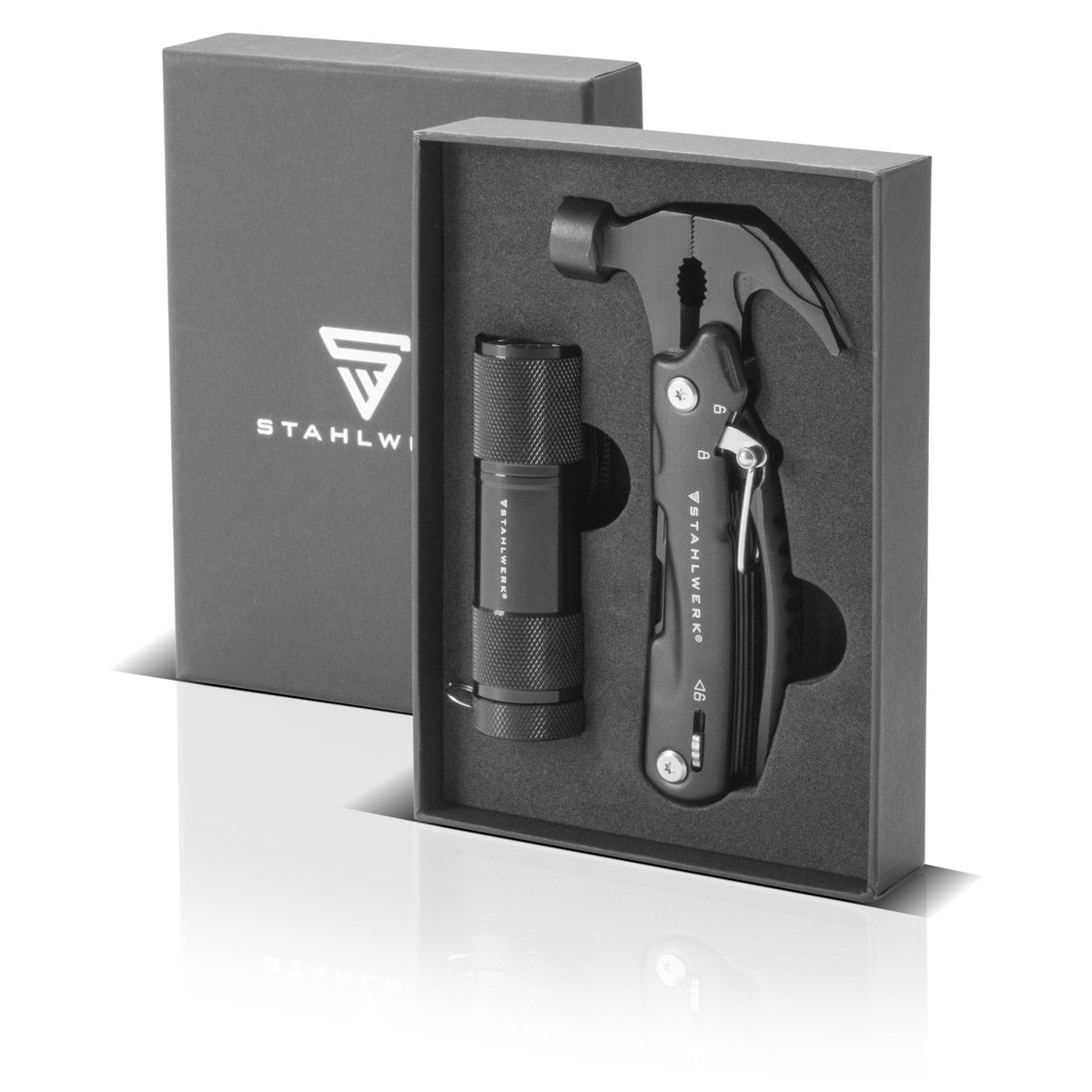 STAHLWERK multitool with 12 tools, high-quality pocket knife / folding knife / multifunctional tool with hammer, knife, saw, file, combination pliers, screwdriver etc. including LED flashlight