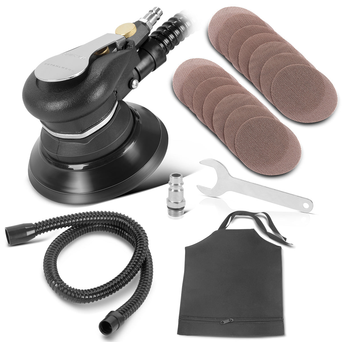 Lijadora excéntrica de aire comprimido STAHLWERK DES-125 ST con juego de 14 discos de lijado con velcro de malla Lijadora de aire comprimido P60-P320 con disco de lijado de 125 mm | Pulidora con sistema de aspiración y bolsa para polvo.