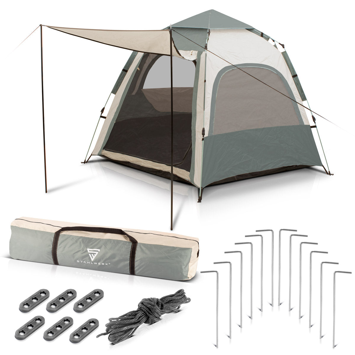 STAHLWERK camping tent Z-273 ST 273 x 273 cm self-assembly pop-up tent | Pop-up tent | Igloo tent | folding tent | Dome tent | Trekking tent | Tent for 3-4 people including transport bag