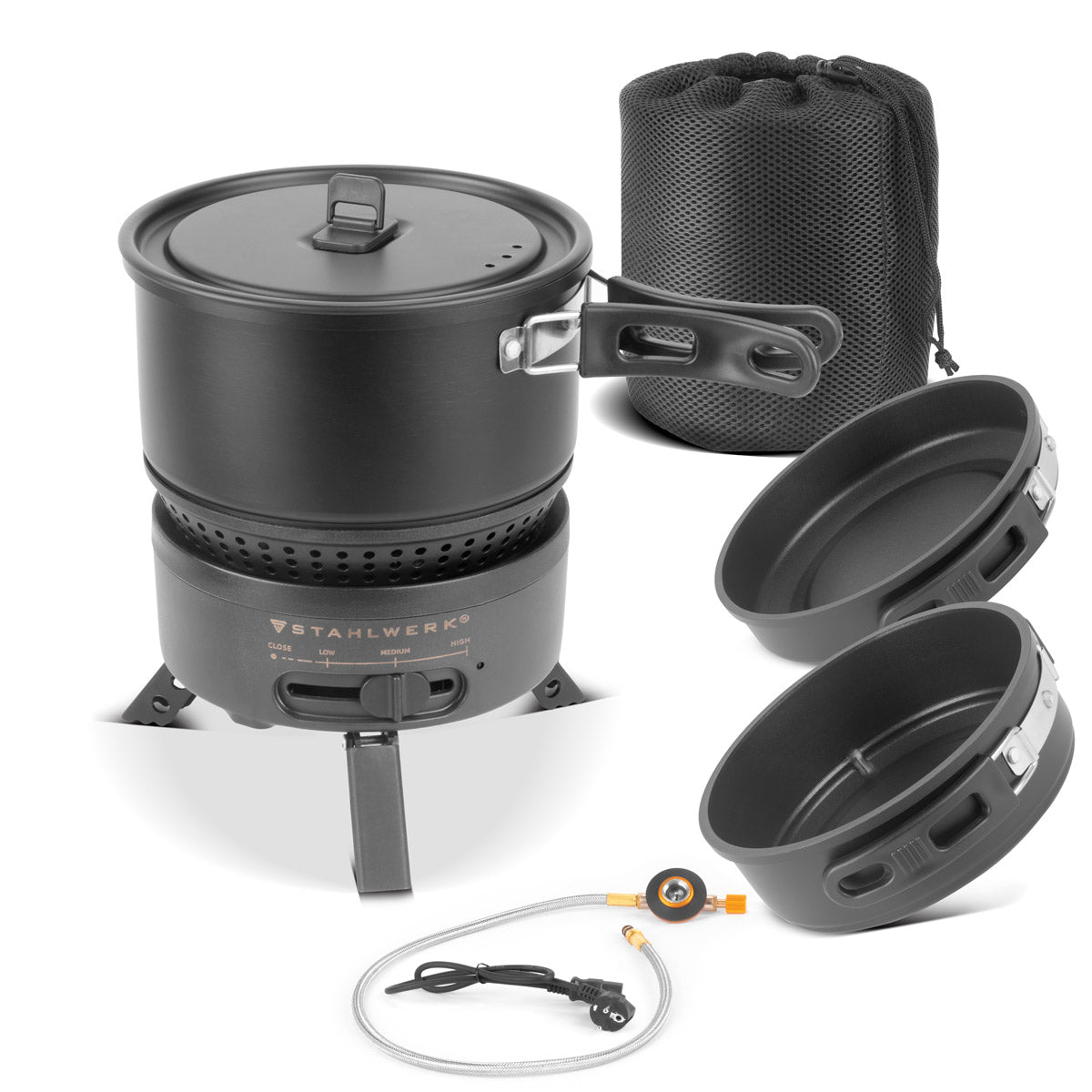 STAHLWERK camping stove CK-700 ST 2-in1 electric and gas stove | Outdoor stove | Camping tableware | Cartridge cooker | Camping cooking set with pot and pans